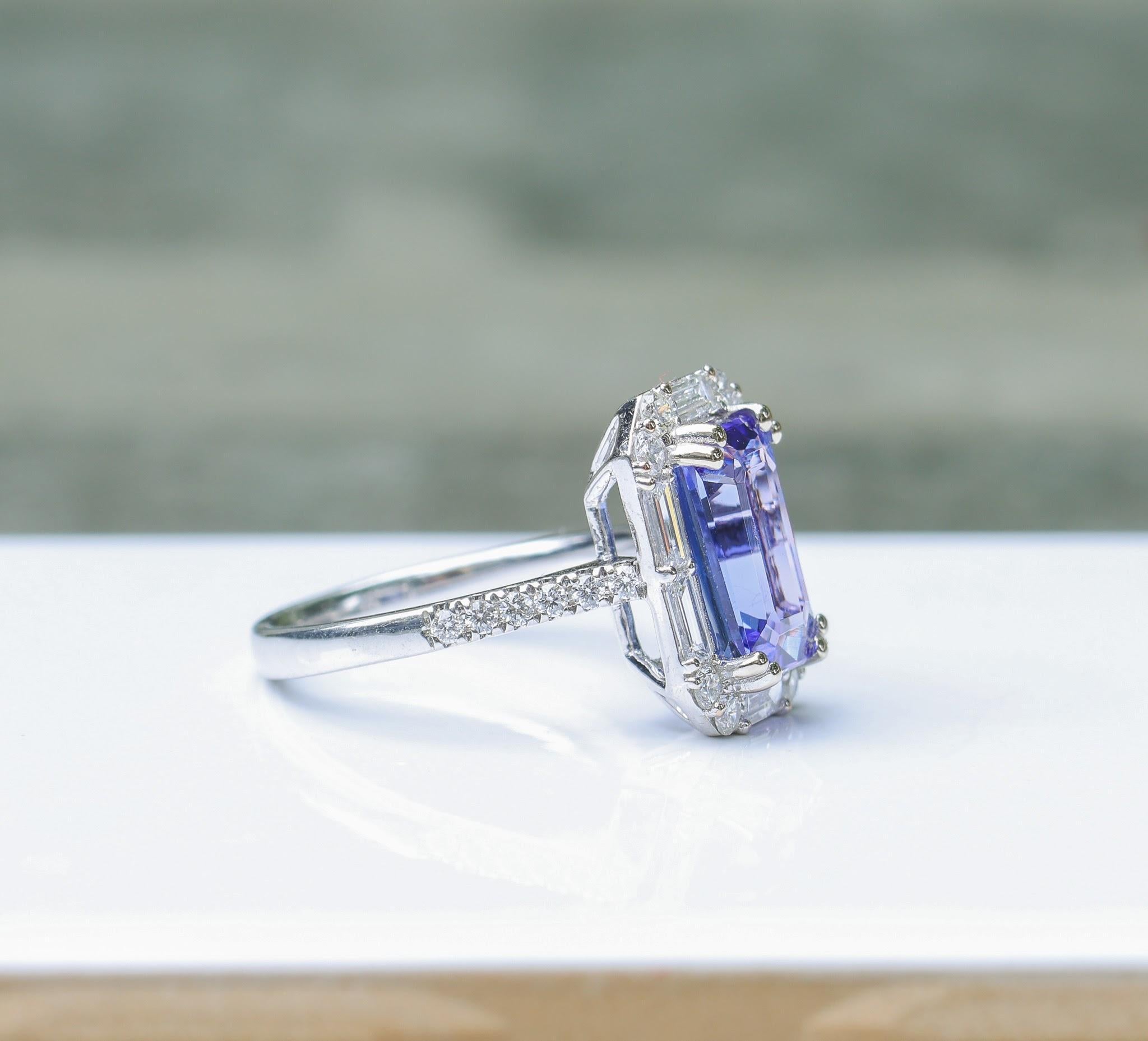 Emerald Cut 4ct Tanzanite Ring w Earth Mined Diamonds in Solid 14k White Gold EM 11.5x7mm For Sale