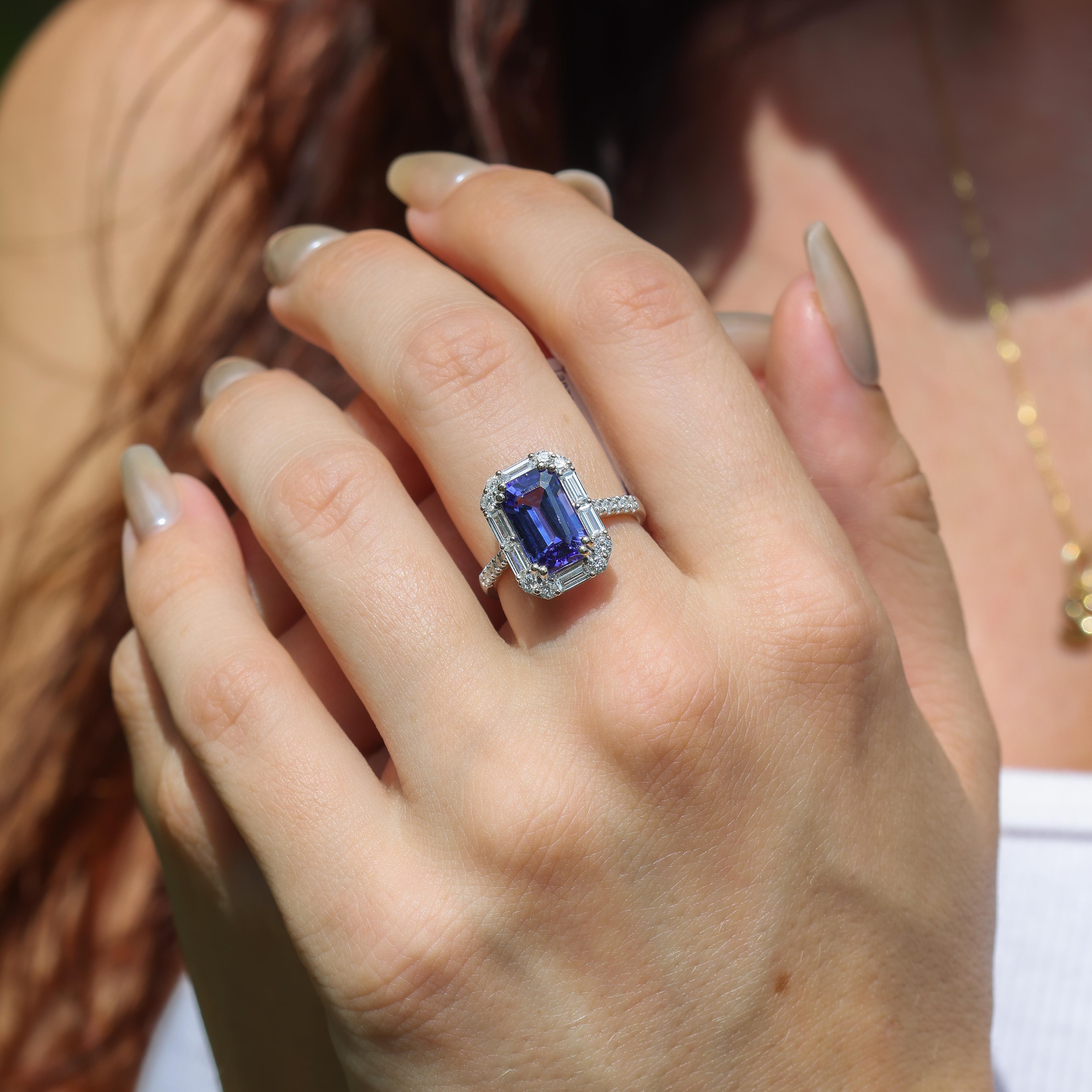 4ct Tanzanite Ring w Earth Mined Diamonds in Solid 14k White Gold EM 11.5x7mm For Sale 2
