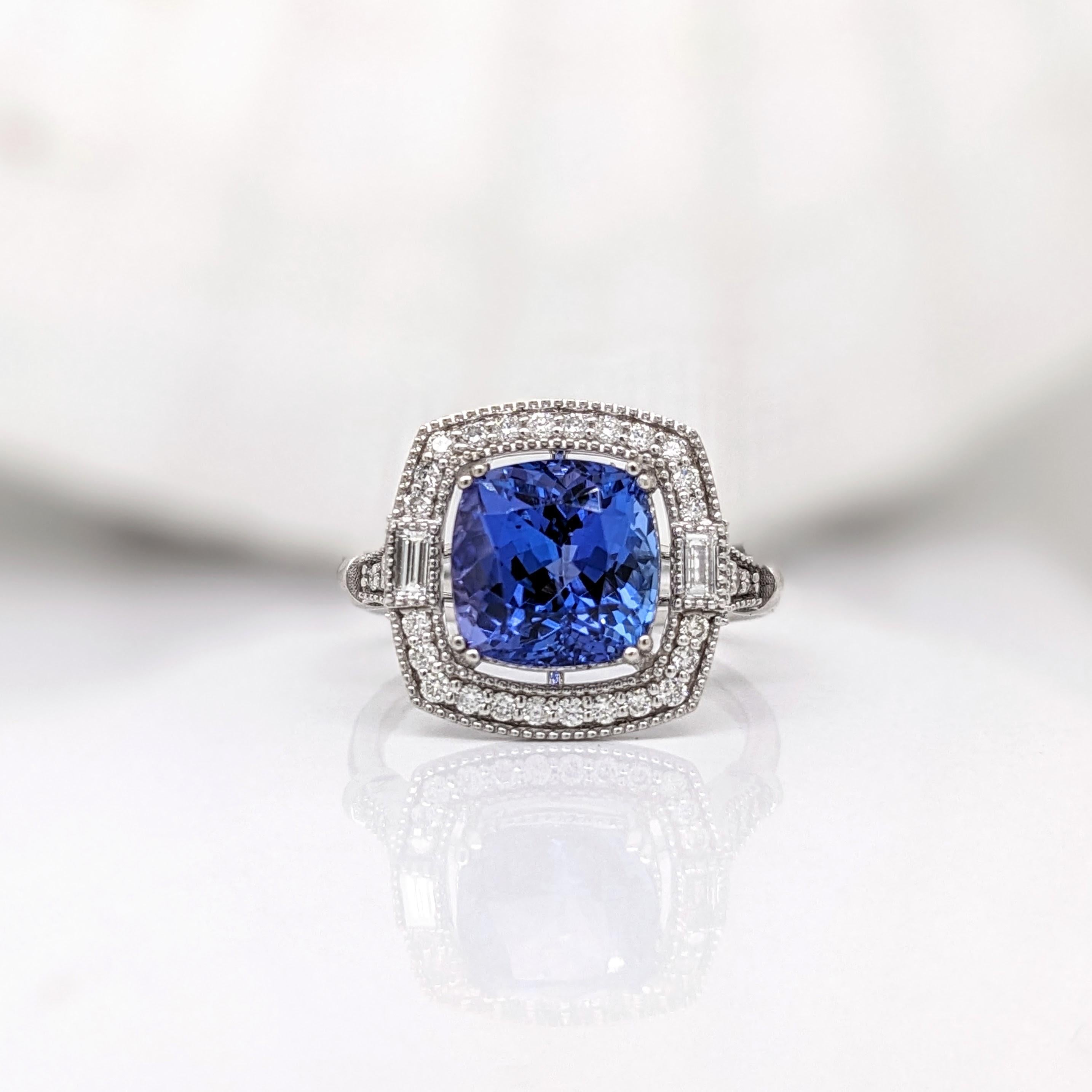 Cushion Cut 4ct Tanzanite Ring w Earth Mined Diamonds & Milgrain Detail in Solid 14K Gold For Sale