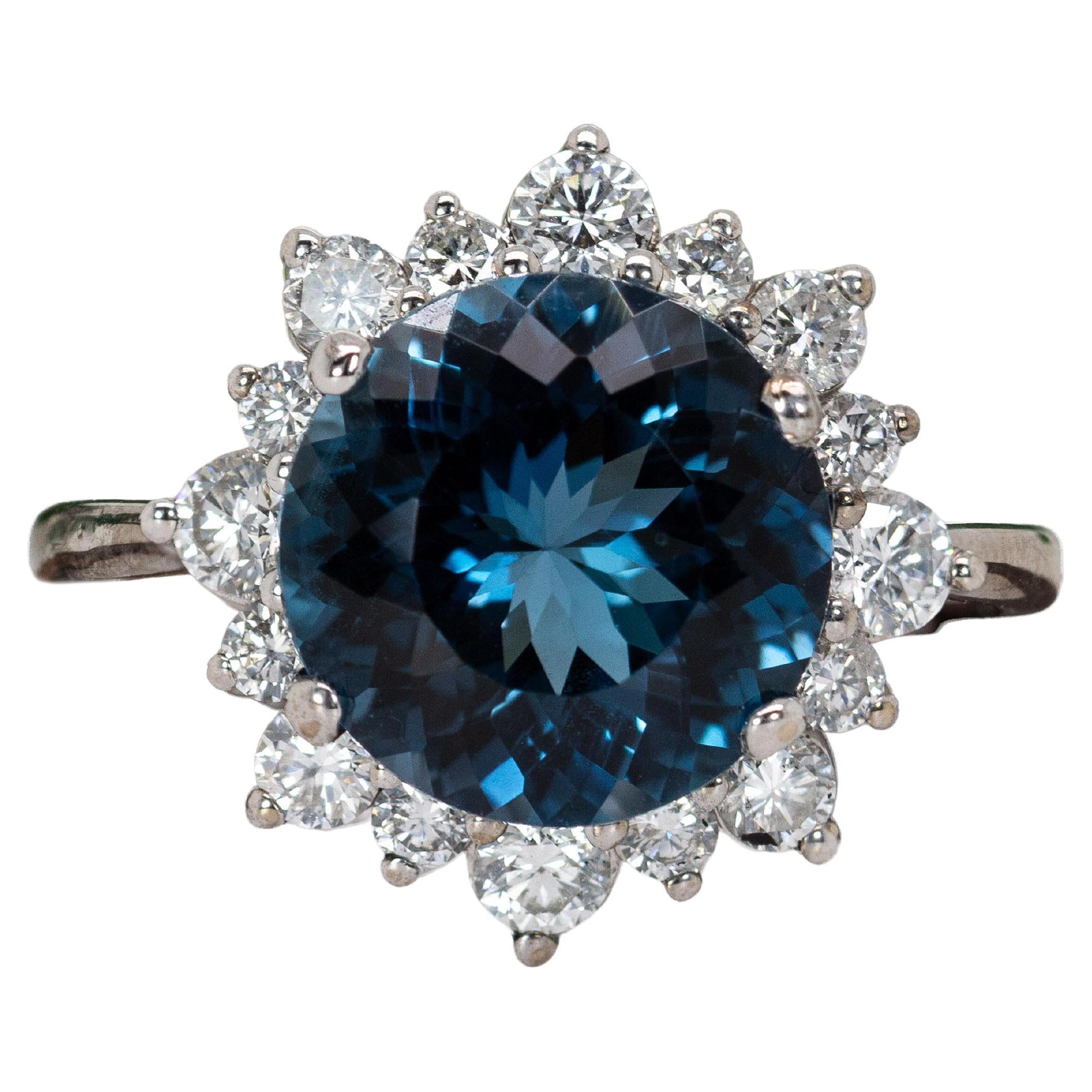 4cts London Blue Topaz Ring w Natural Diamond Halo in Solid 14K Gold  RD 9mm
