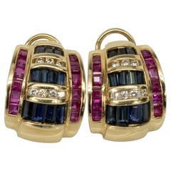 4ctw Saphir Rubin & Diamant 14k Gelbgold Ohrringe Omega zurück
