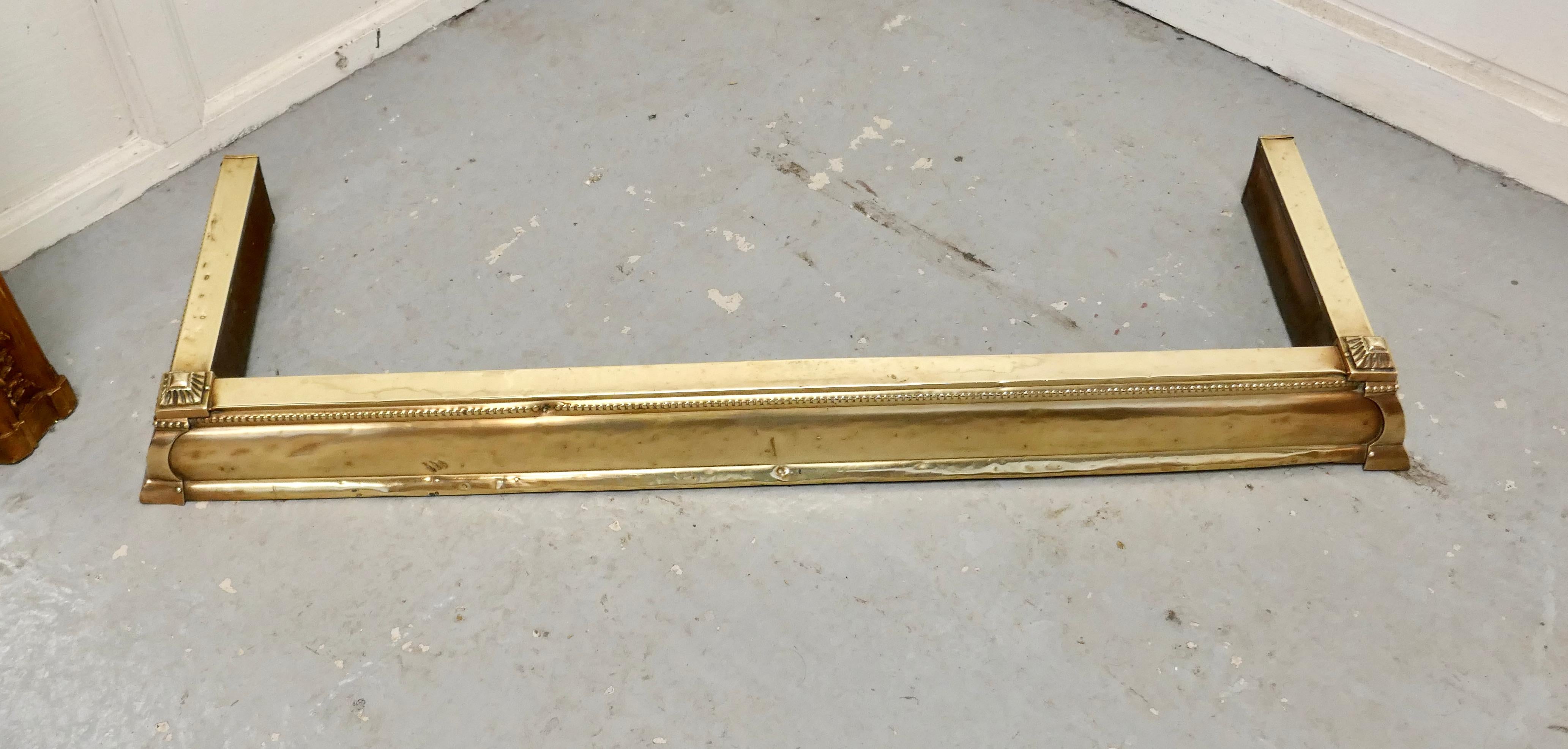 4ft Victorian brass fender

 This is a good large brass fender it has embossed decoration worked in brass and shaped mouldings
The Fender has a few dings but is in otherwise good condition it is 5” high, and 47” long and 15” deep 
TGB700.
 