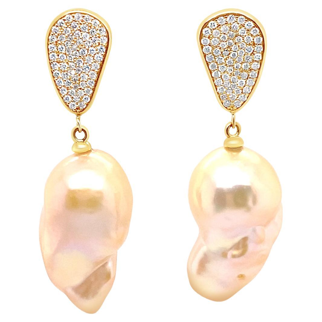 14K Yellow Gold Baroque Pearl and Diamond Drop Earrings For Sale