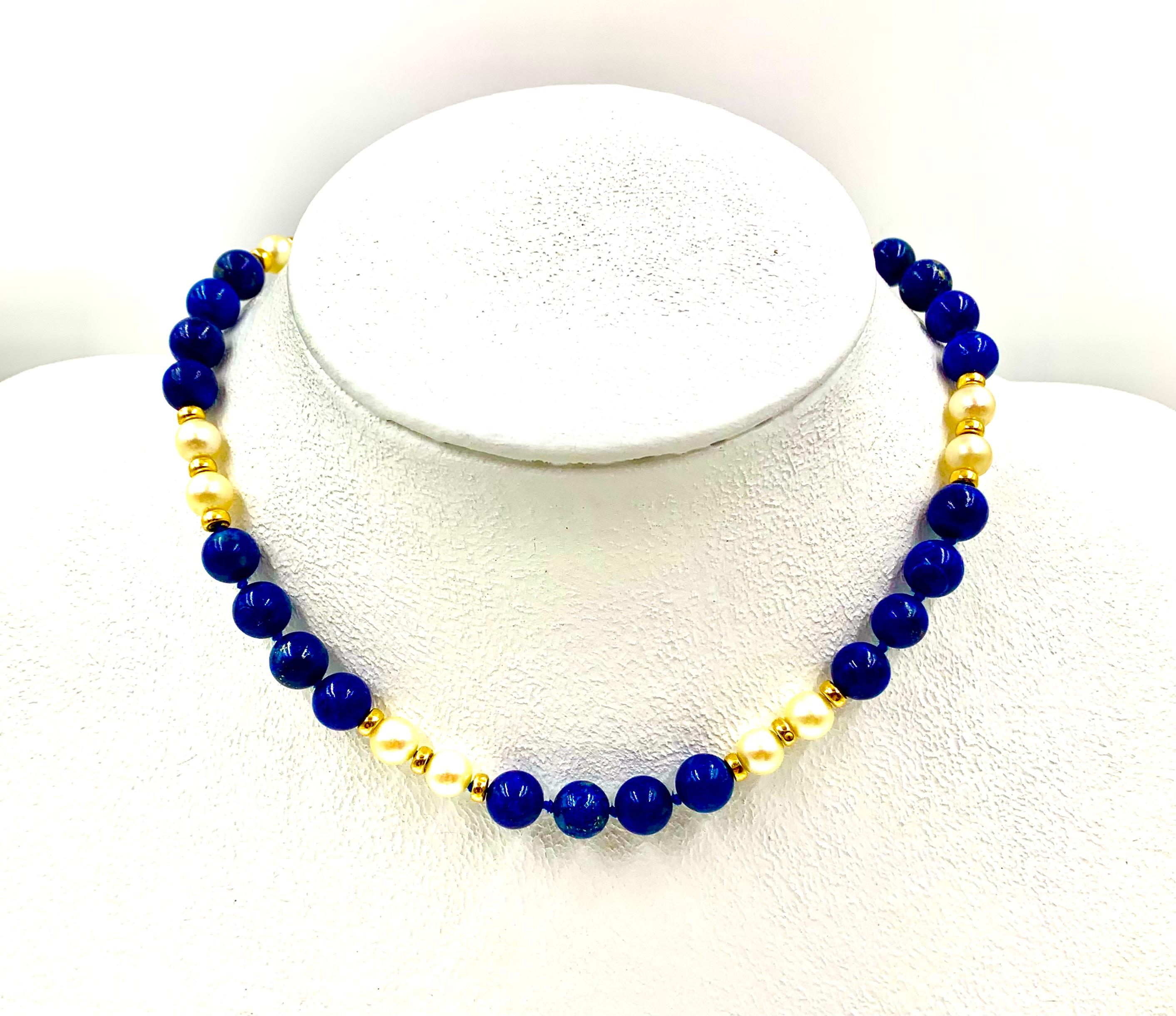 14K Yellow Gold Bead, Lapis Lazuli, Cultured Pearl Transformable Necklace For Sale 5