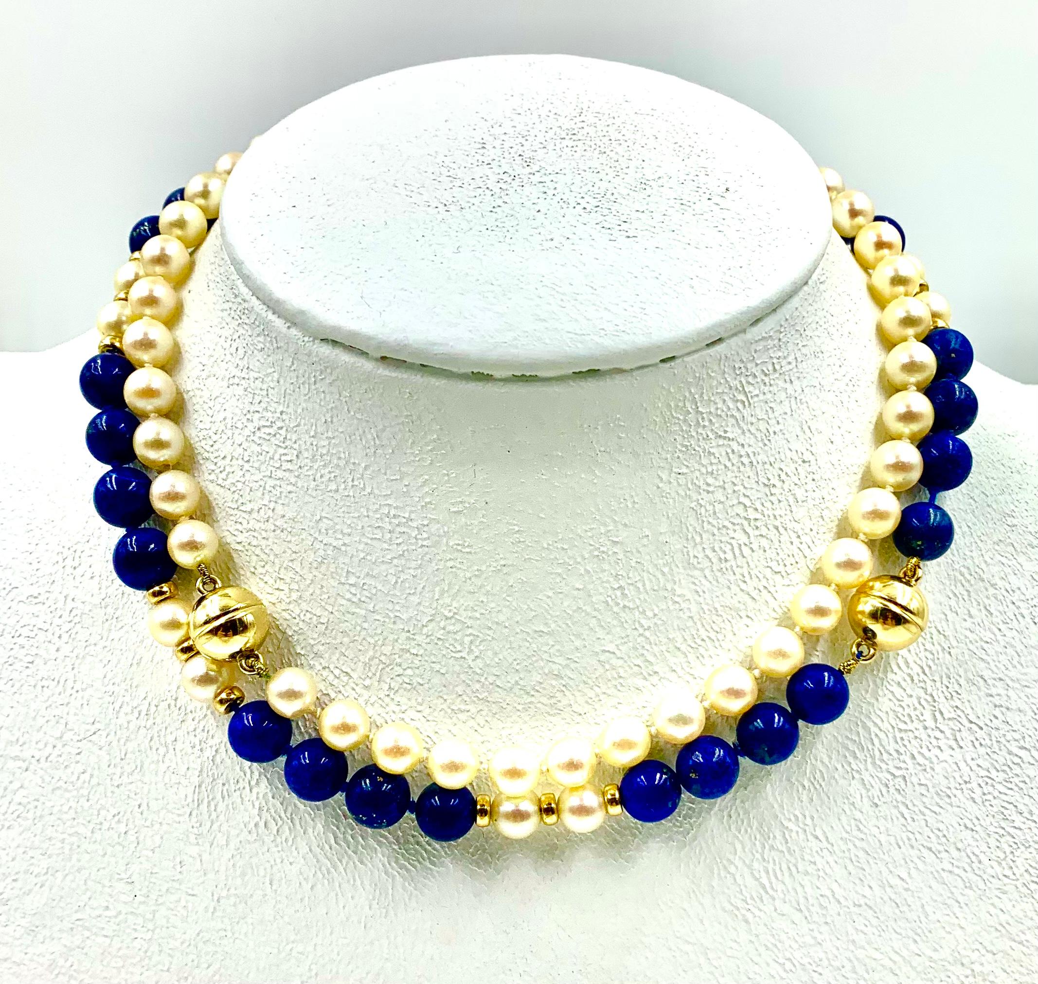 14K Gelbgold Perle, Lapislazuli, Zuchtperle, Halskette aus Zuchtperle für Damen oder Herren im Angebot