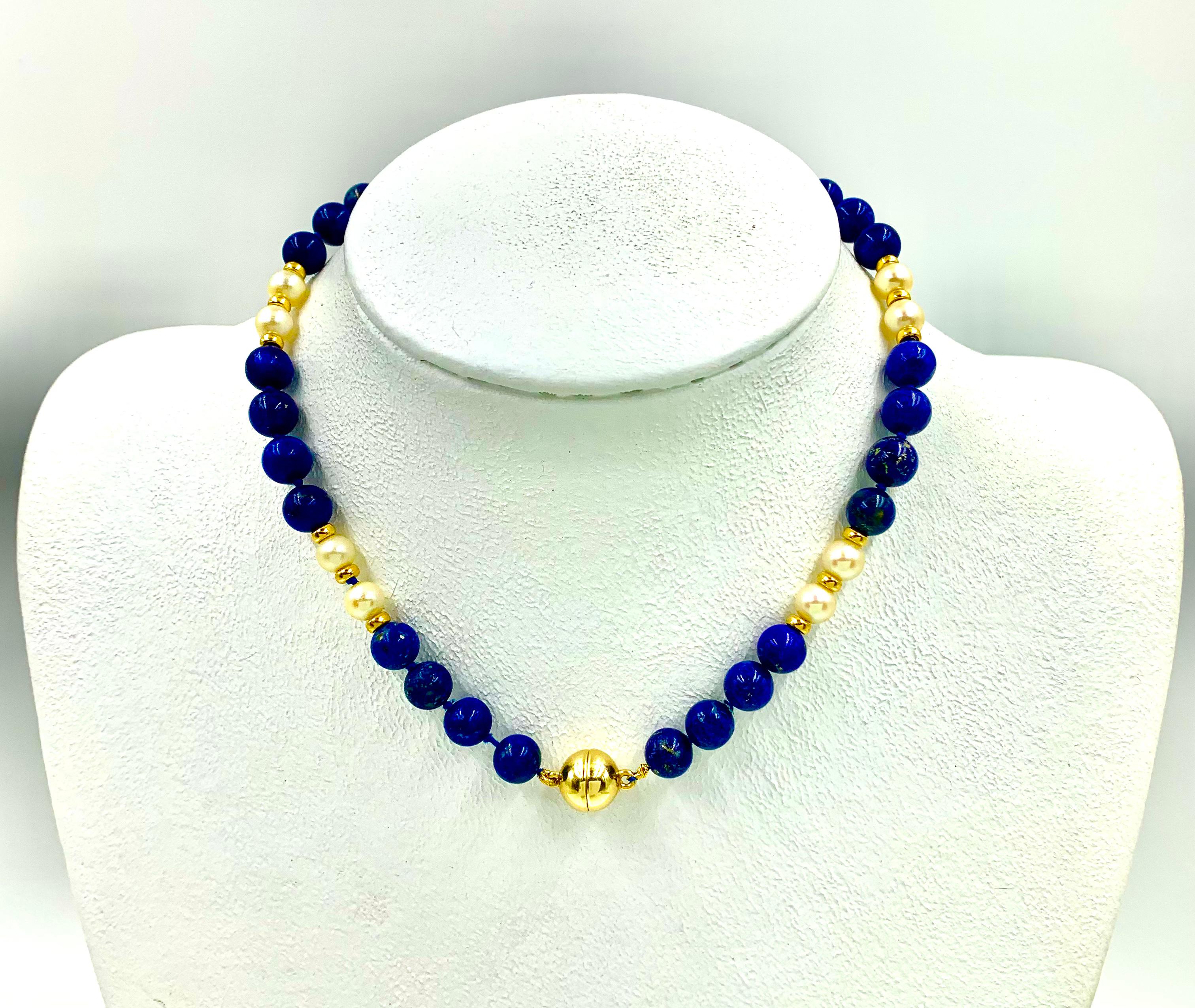 14K Yellow Gold Bead, Lapis Lazuli, Cultured Pearl Transformable Necklace For Sale 4