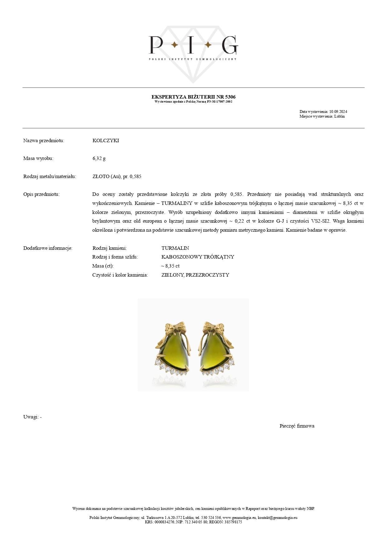 Boucles d'oreilles en or jaune 4k avec tourmalines vertes - 8,35 ct et diamants - 0,22 ct Neuf - En vente à Warszawa, PL