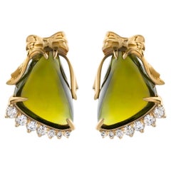 Orecchini in oro giallo 4k con tormaline verdi - 8,35 ct e diamanti - 0,22 ct