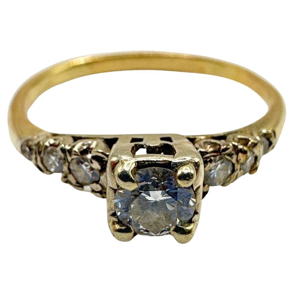  14k Yellow Gold & White Gold brilliant cut cocktail Diamonds Ring Size 6.25 For Sale