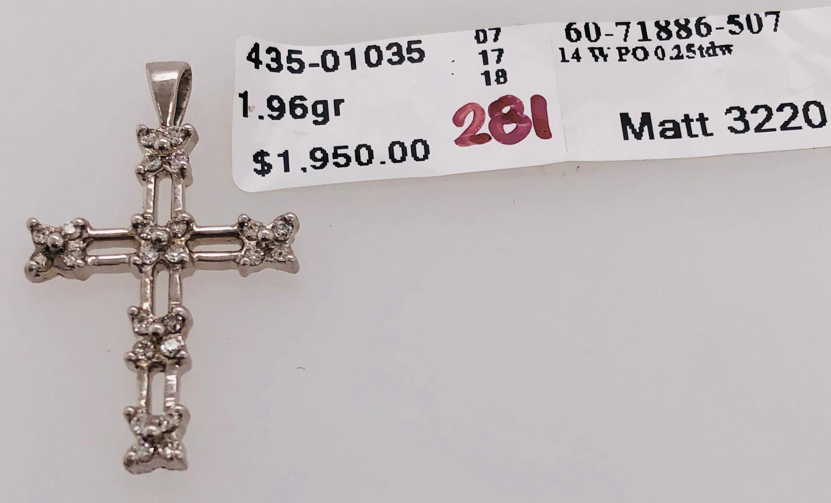 Round Cut 14 Karat White Gold Cross Pendant with Diamonds 0.25 Total Diamond Weight For Sale