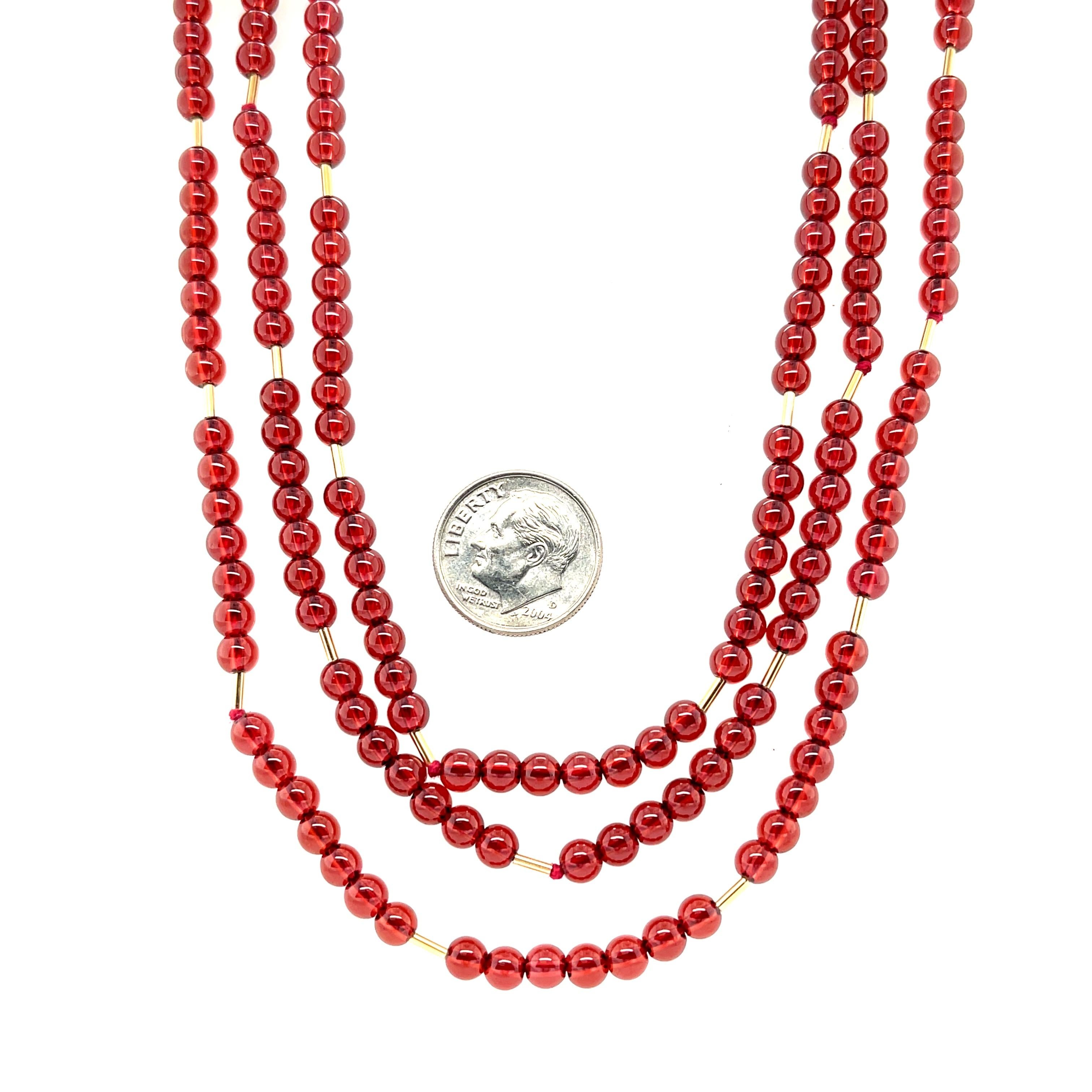 Cranberry Garnet Rope Necklace with Yellow Gold Accents & Clasp, 54 Inches In New Condition For Sale In Los Angeles, CA