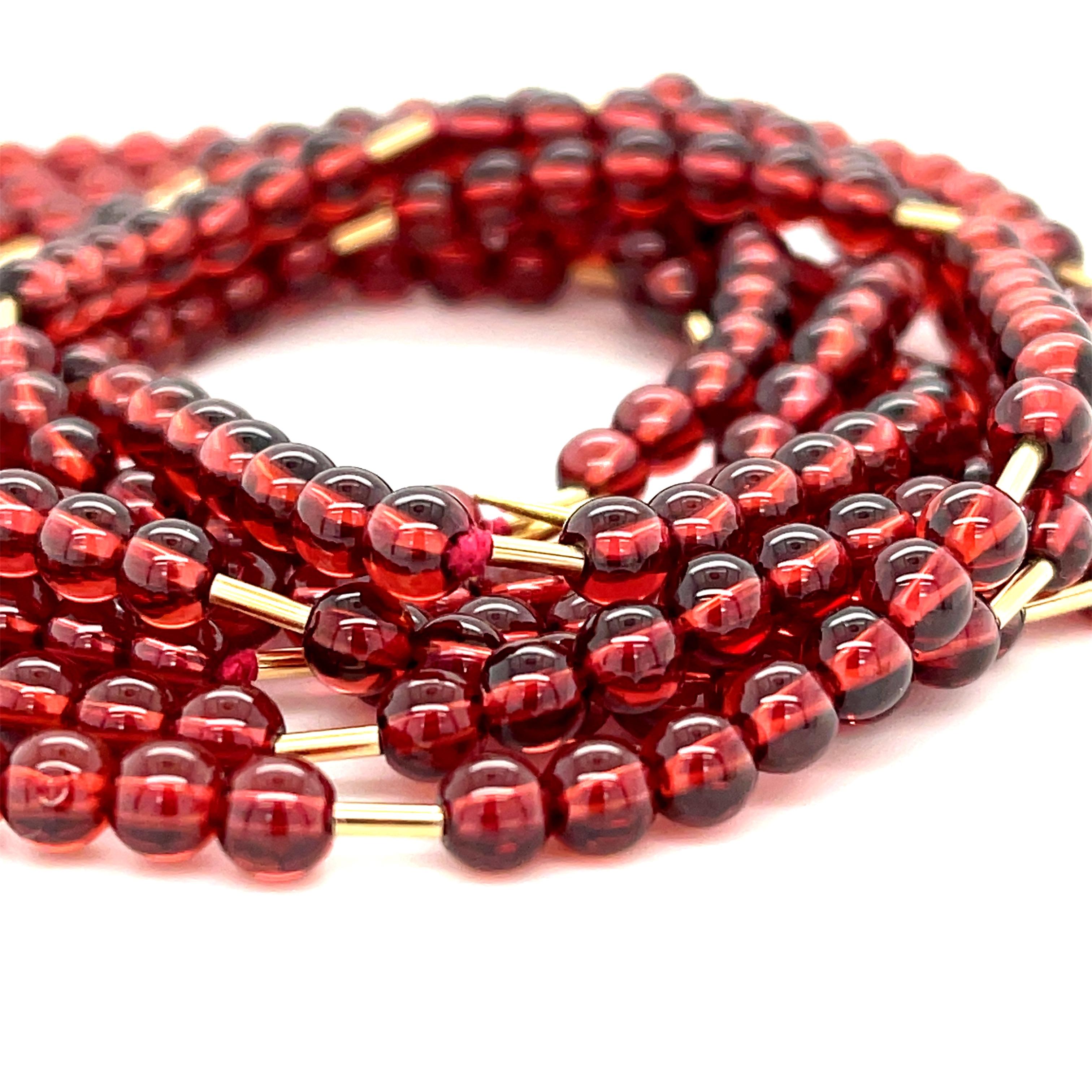 Artisan Cranberry Garnet Rope Necklace with Yellow Gold Accents & Clasp, 54 Inches For Sale