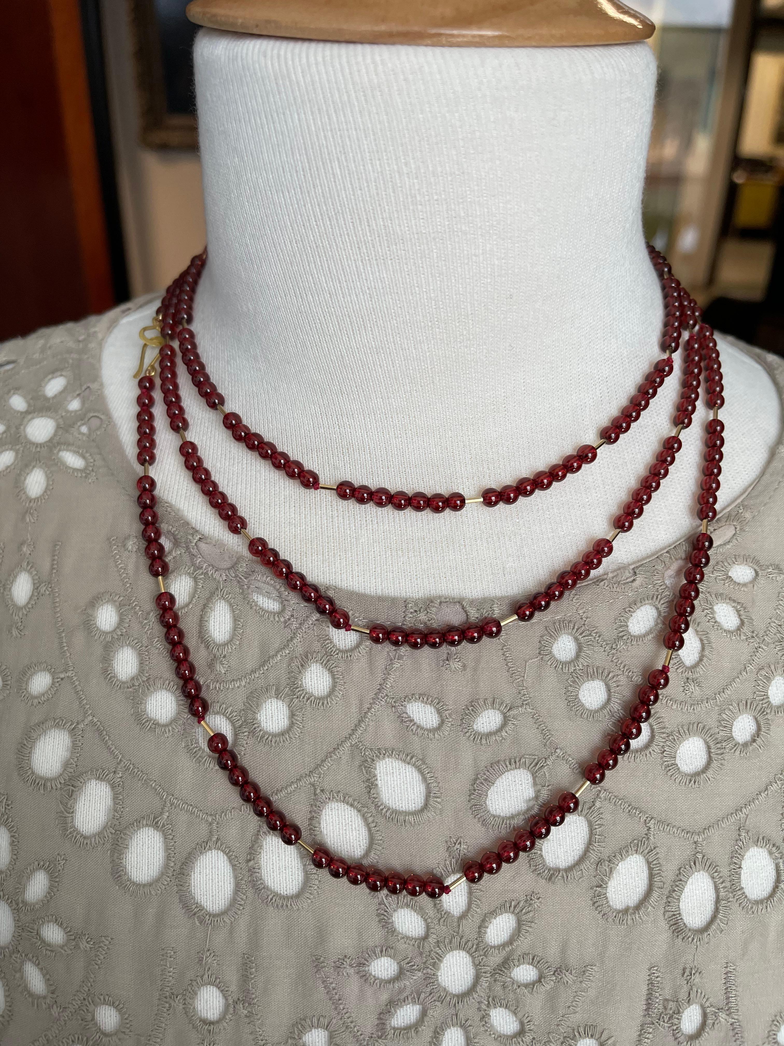 Women's or Men's Cranberry Garnet Rope Necklace with Yellow Gold Accents & Clasp, 54 Inches For Sale