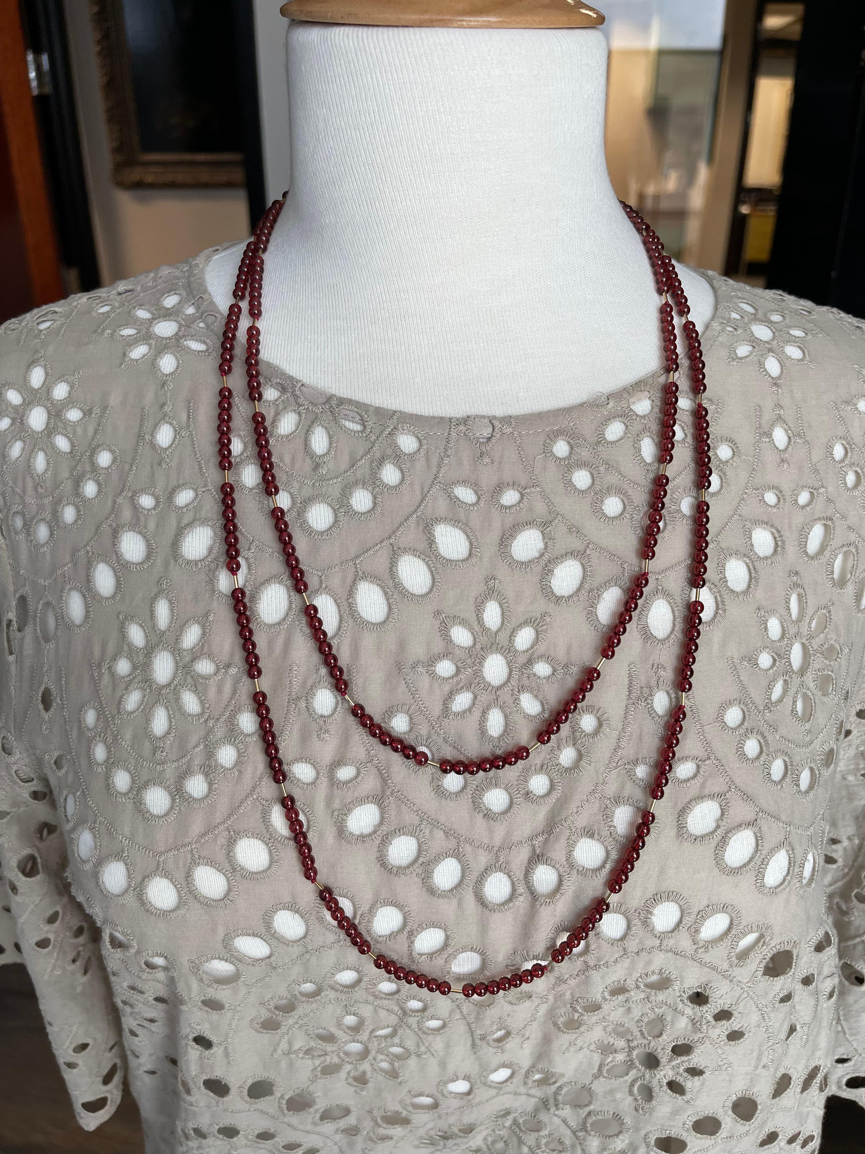 Cranberry Garnet Rope Necklace with Yellow Gold Accents & Clasp, 54 Inches For Sale 1