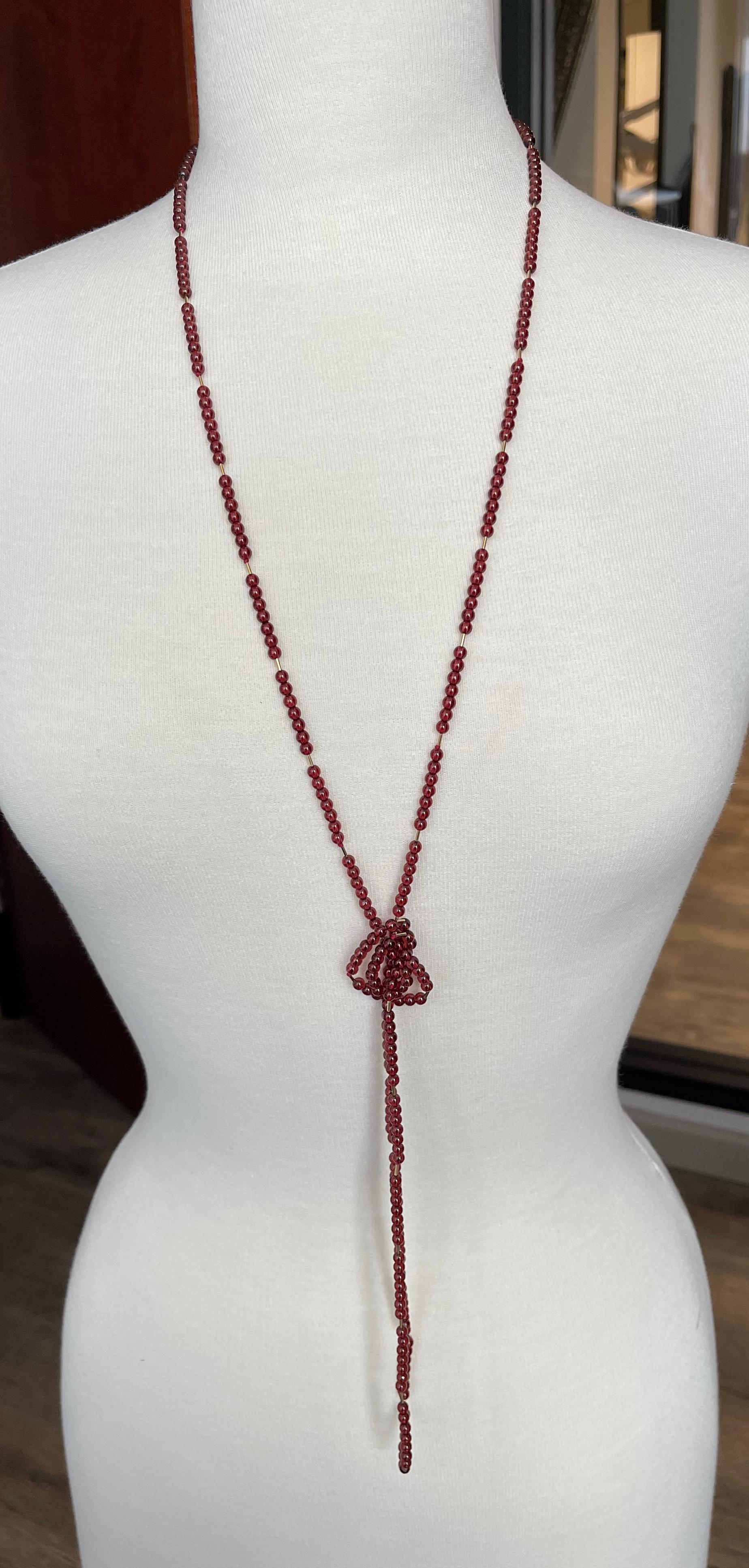 Cranberry Garnet Rope Necklace with Yellow Gold Accents & Clasp, 54 Inches For Sale 3