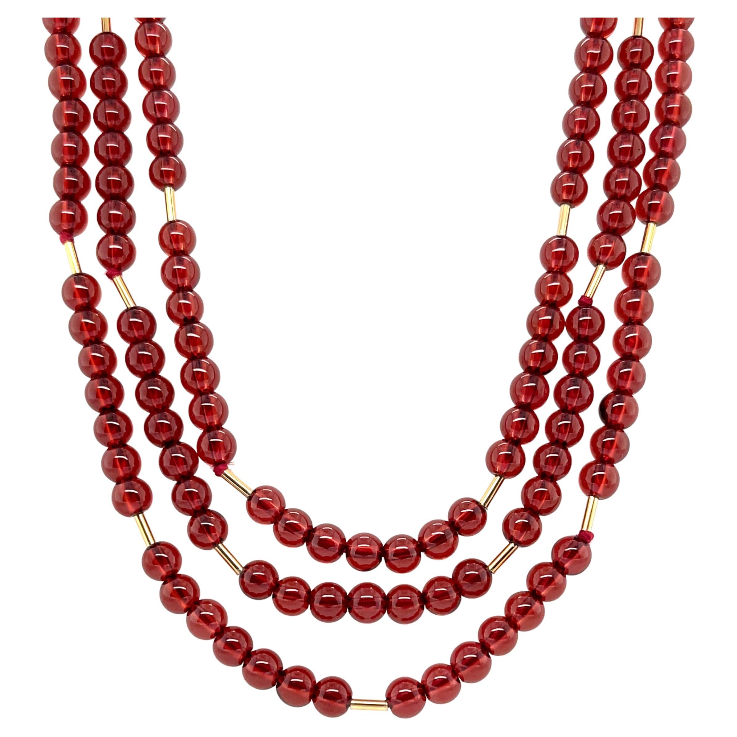 Cranberry Garnet Rope Necklace with Yellow Gold Accents & Clasp, 54 Inches