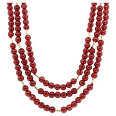 Cranberry Garnet Bead Necklace, Yellow Gold Accents & Clasp