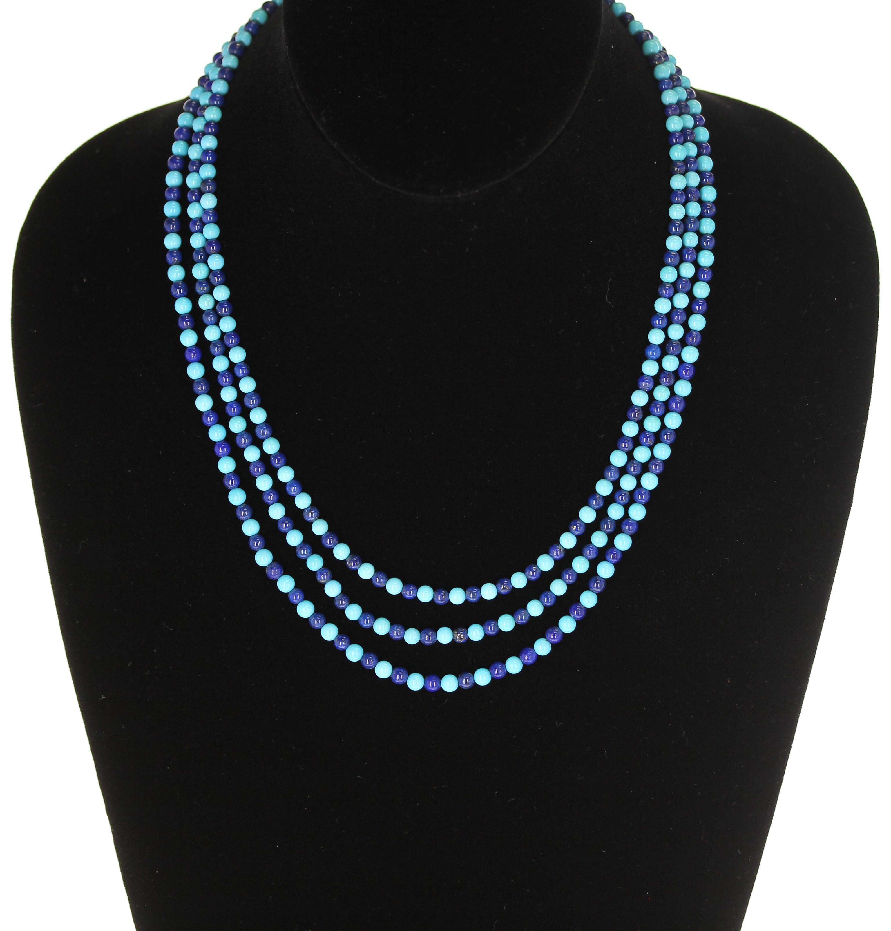 A 4MM Genuine Turquoise and Lapis Lazuli Beads Necklace with three strands, ranging from 17.5