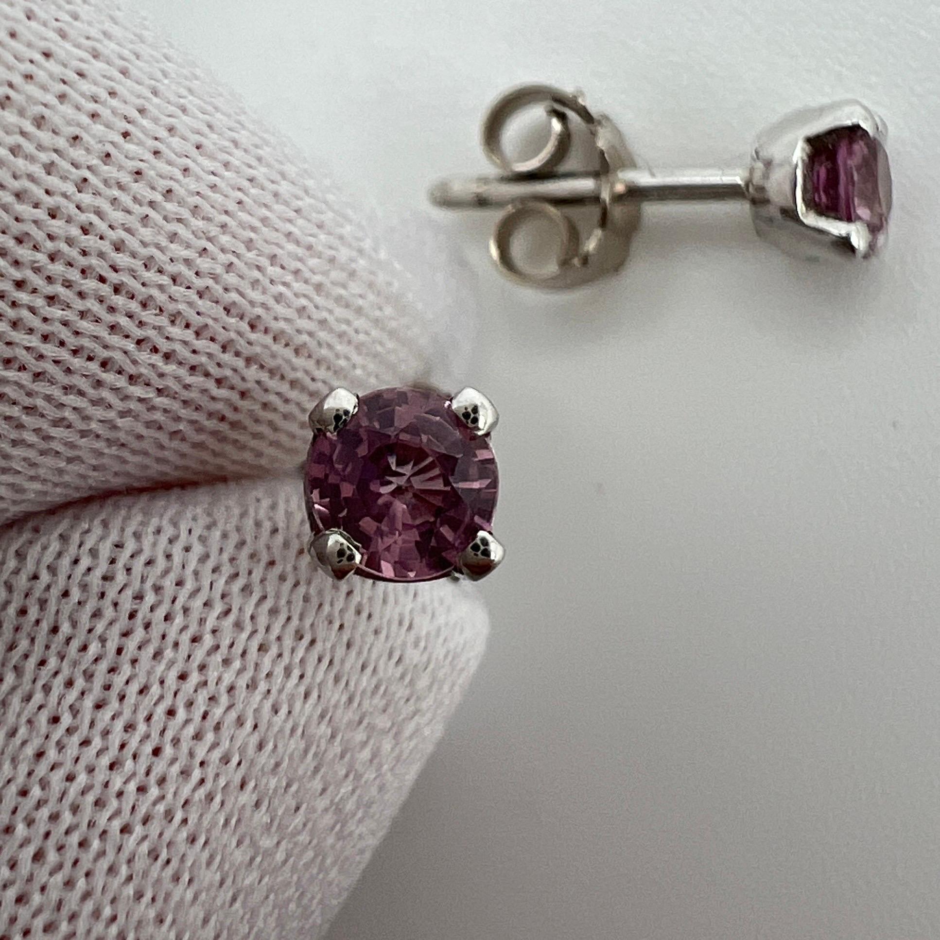 4mm Natural Vivid Pink Sapphire 18k White Gold Round Cut Earring Studs In New Condition In Birmingham, GB