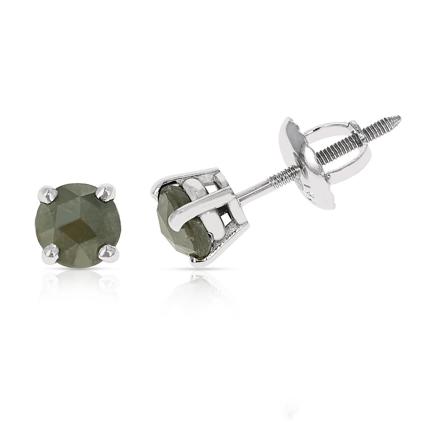 A pair of 4MM Rose Cut Gray Diamond Stud Earrings made in 14K White Gold. The total stone weight is 0.67 carats.