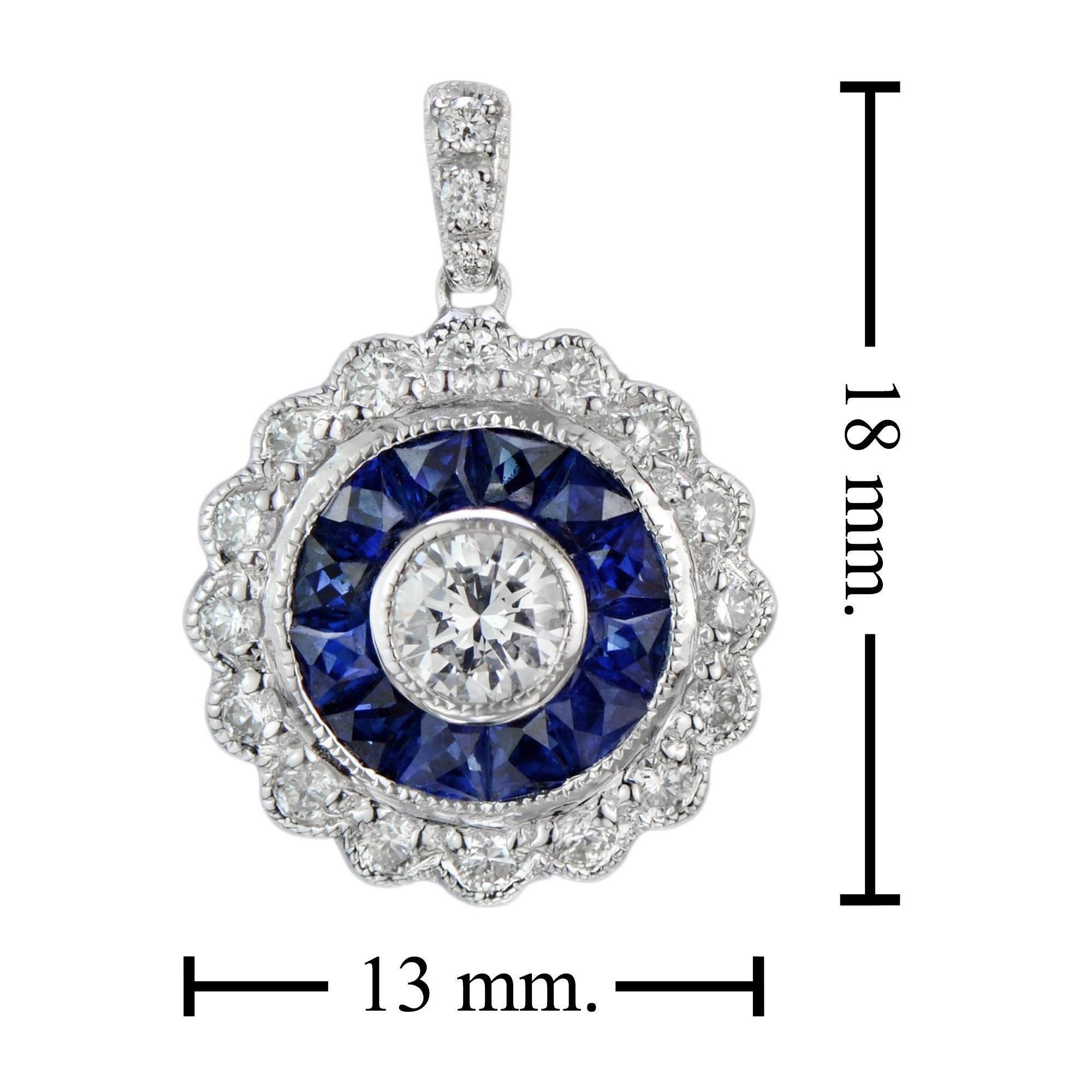 Round Cut 4mm Round Diamond & Blue Sapphire Vintage Inspired Halo 14K White Gold Pendant For Sale