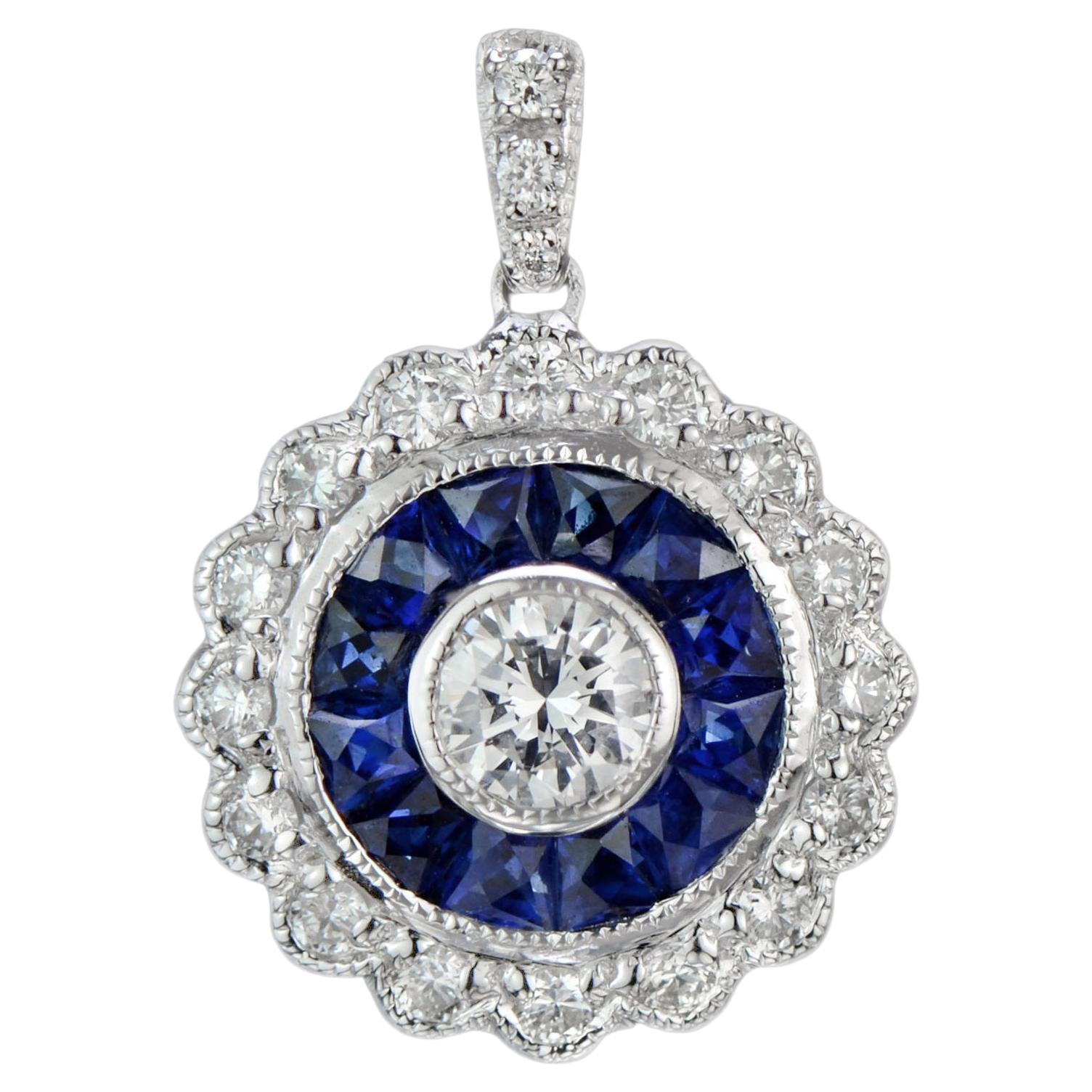 4mm Round Diamond & Blue Sapphire Vintage Inspired Halo 14K White Gold Pendant For Sale