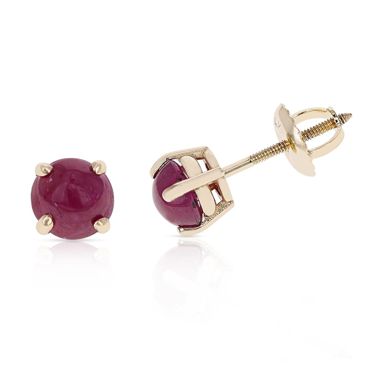 Round Cut Ruby Round Cabochon Stud Earrings Made in 14 Karat Yellow Gold