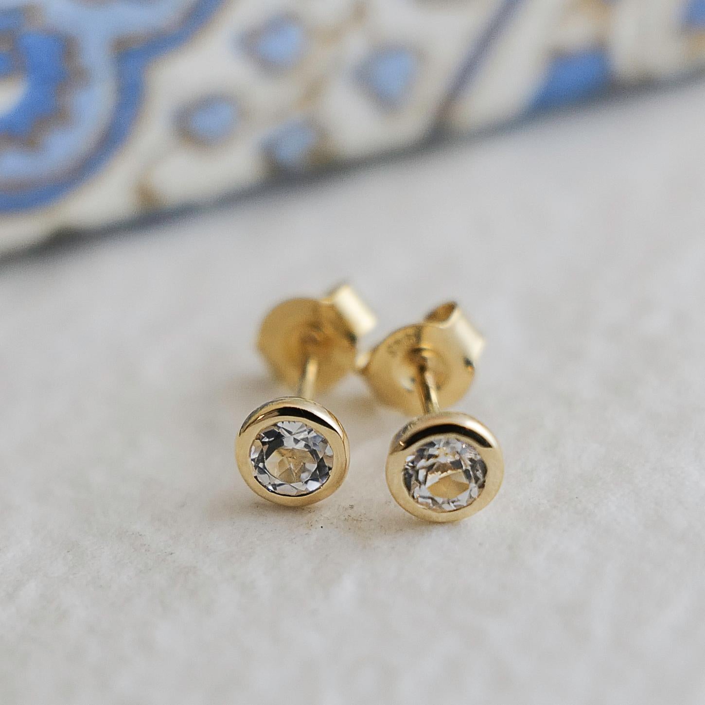4mm White Topaz Gold Plated Sterling Silver Stud Earrings For Sale 1