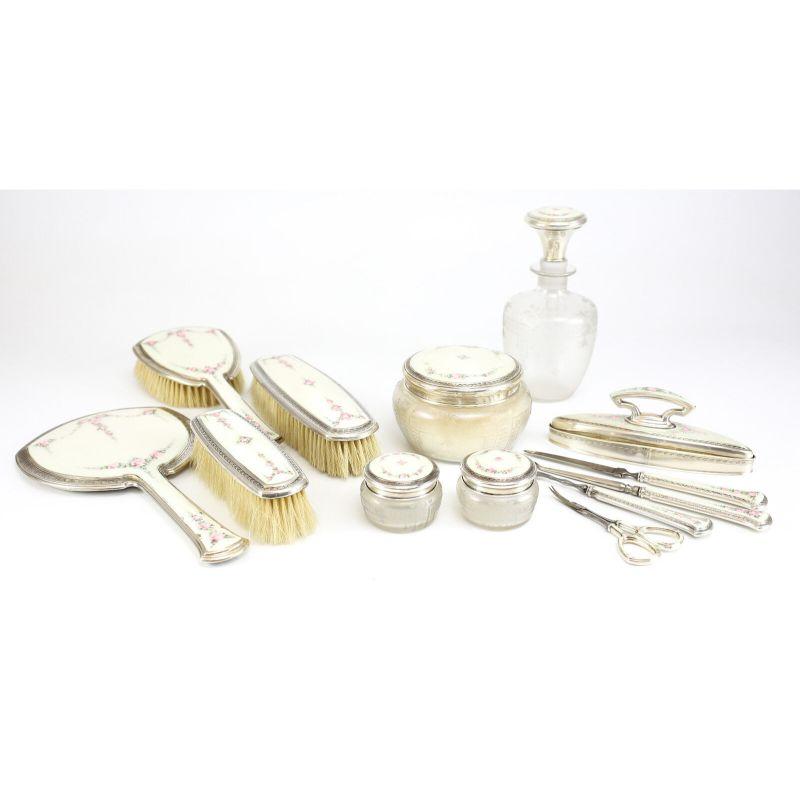 4pc Sterling Silver & Guilloche Enamel Vanity Set by R. Blackinton Co., Brushes In Good Condition For Sale In Gardena, CA