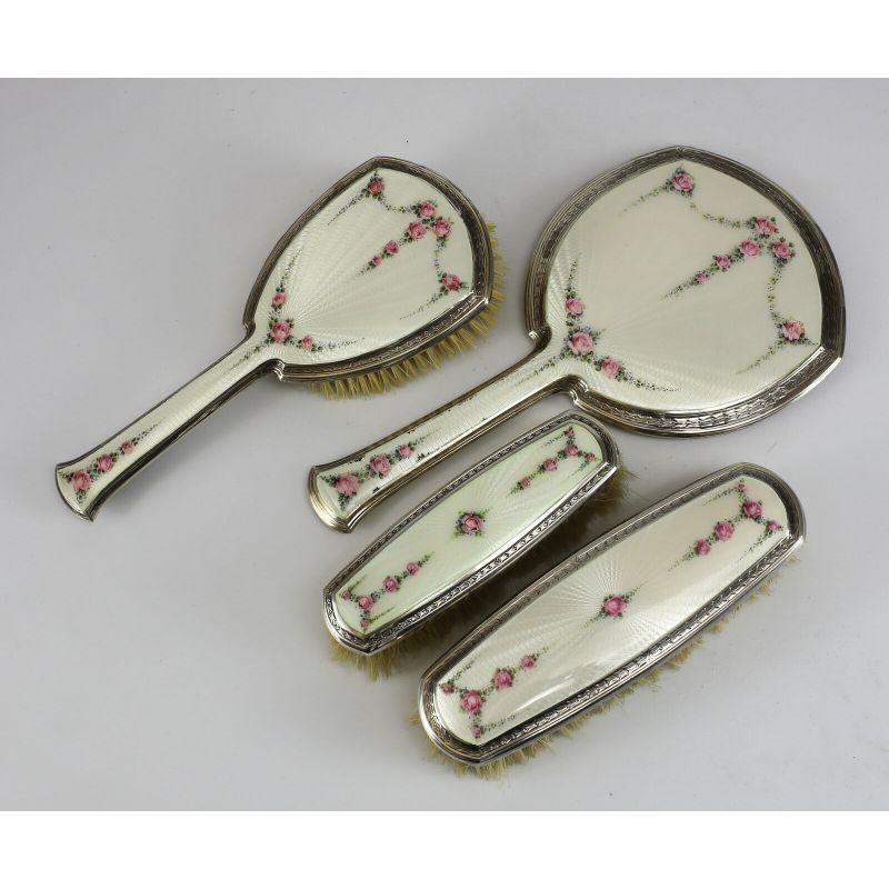4pc Sterling Silver & Guilloche Enamel Vanity Set by R. Blackinton Co., Brushes For Sale 1