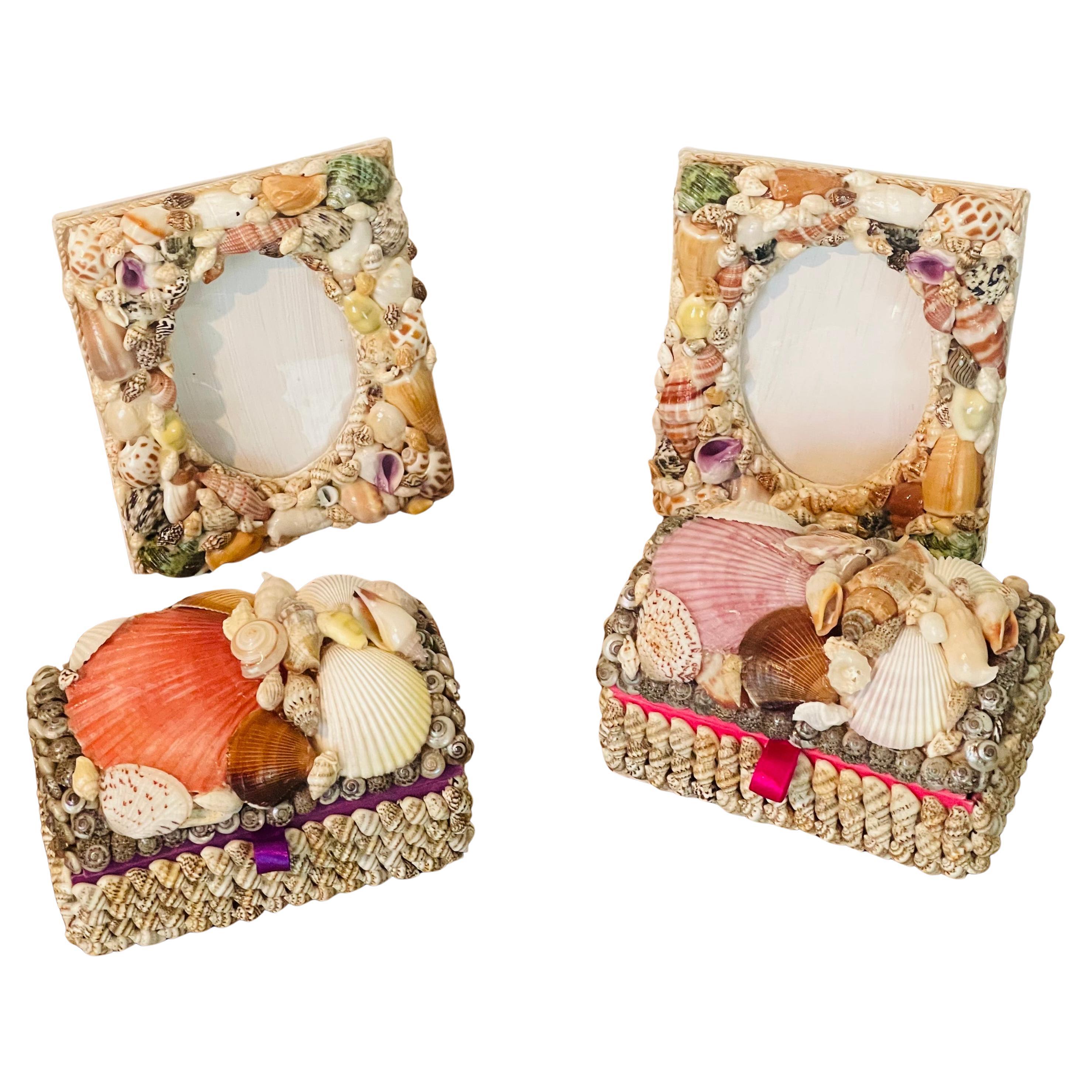 4S Sea Shell Encrusted Boxes and Frames Maitland Smith Style For Sale