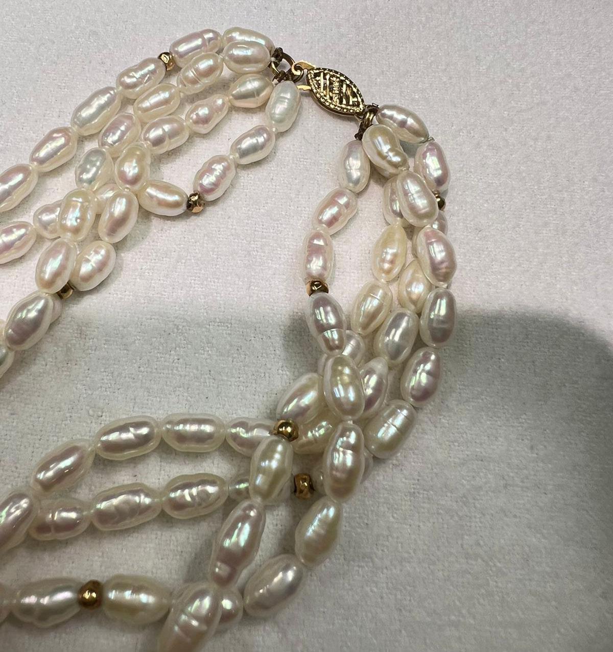 4strängige Süßwasserperlen mit Verschluss aus 14k Gelbgold Damen im Angebot