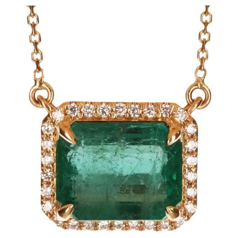 4tcw East to West Smeraldo naturale verde bluastro e collana con diamanti a raggiera in oro 14K