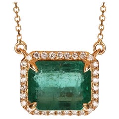 4tcw Ost-West-Blaugrüner natürlicher Smaragd & Diamant Halo Halskette 14K Gold