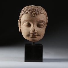 4th-5th Century Indian Gandhara Stucco Head on Black Metal Plinth