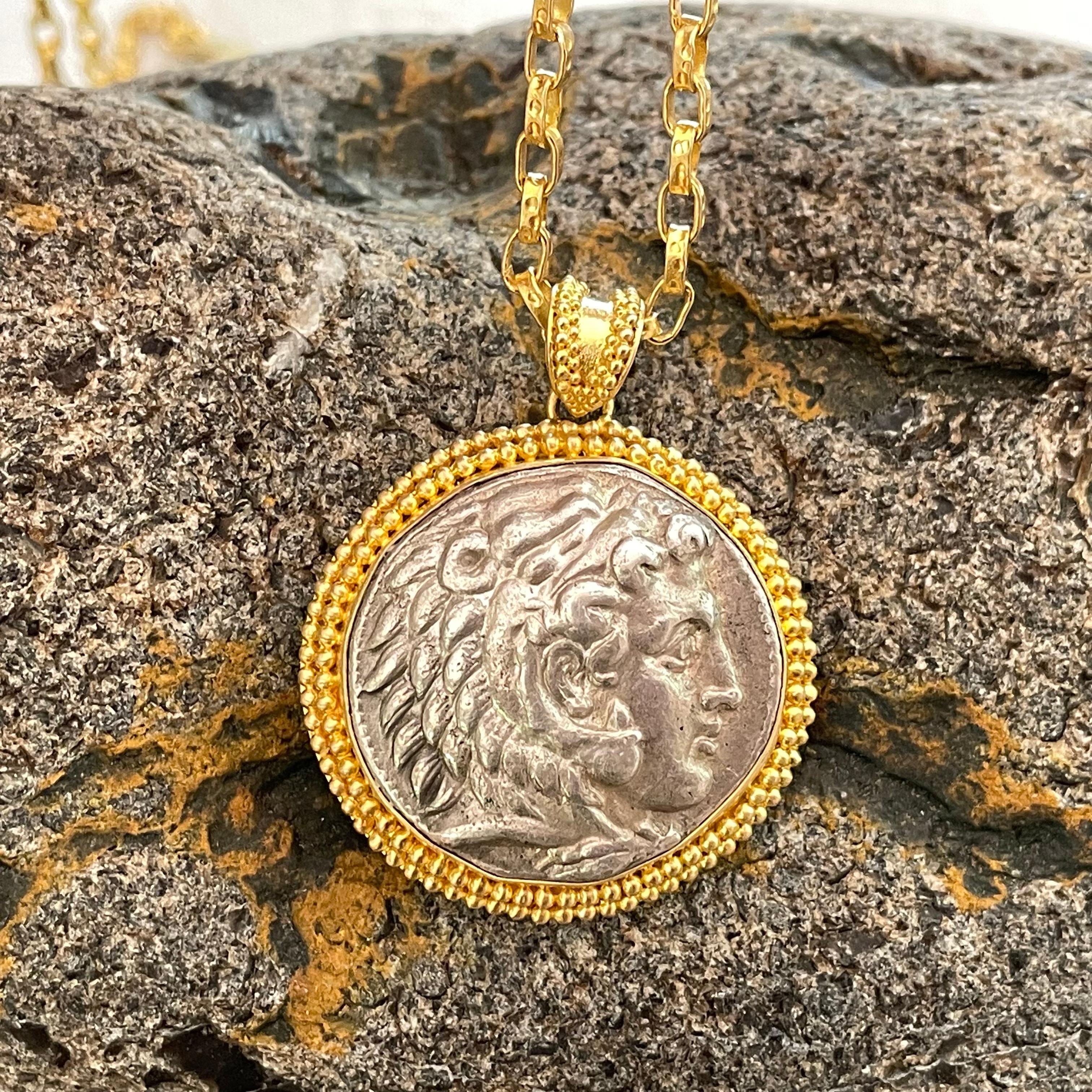 4th Century BC Authentic Alexander The Great Coin 18K Gold Pendant In New Condition In Soquel, CA