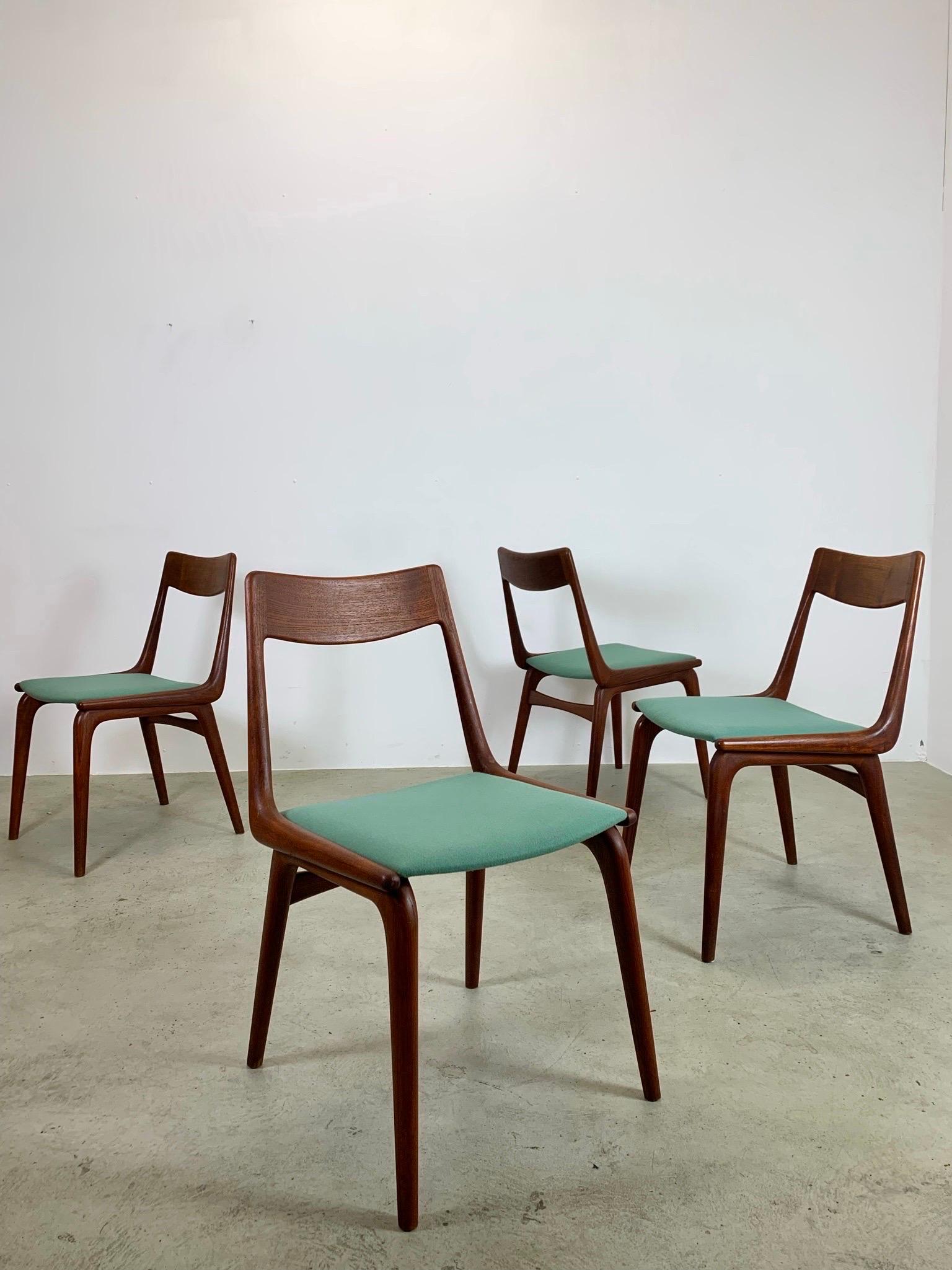 Faux Leather 4x Danish Teak Boomerang Chairs by Alfred Christensen, 1950s restored For Sale