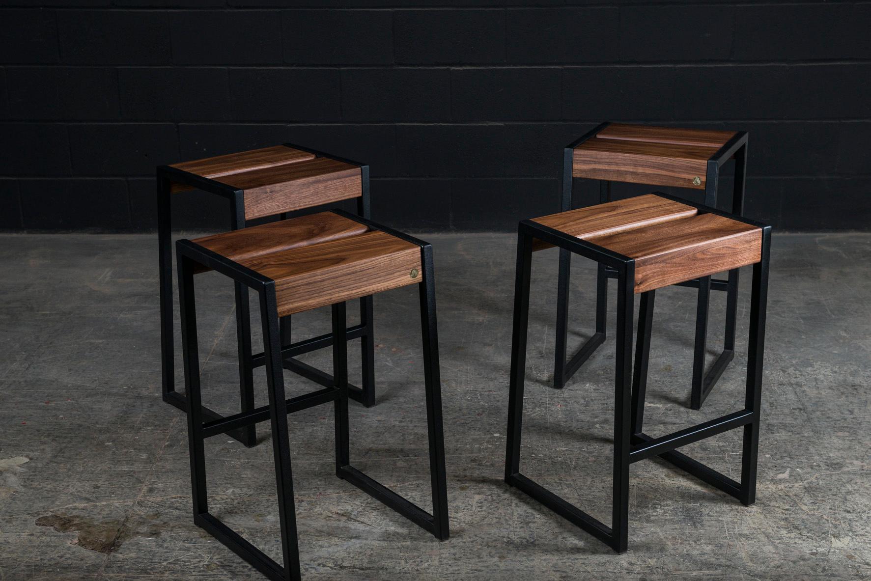 Canadian 4x Liverpool Modern Backless Stools, by AMBROZIA, Solid Walnut & Black Steel For Sale