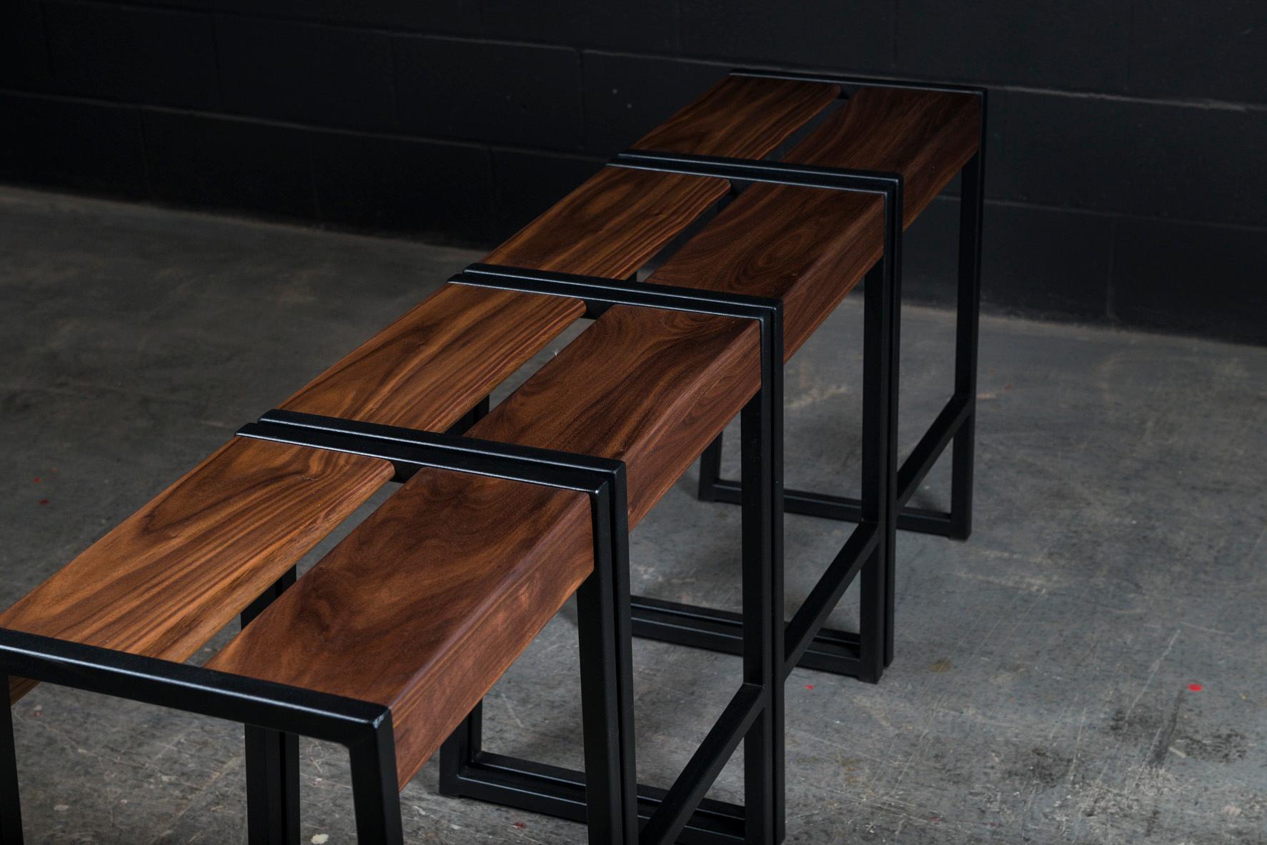 Plated 4x Liverpool Modern Backless Stools, by AMBROZIA, Solid Walnut & Black Steel For Sale