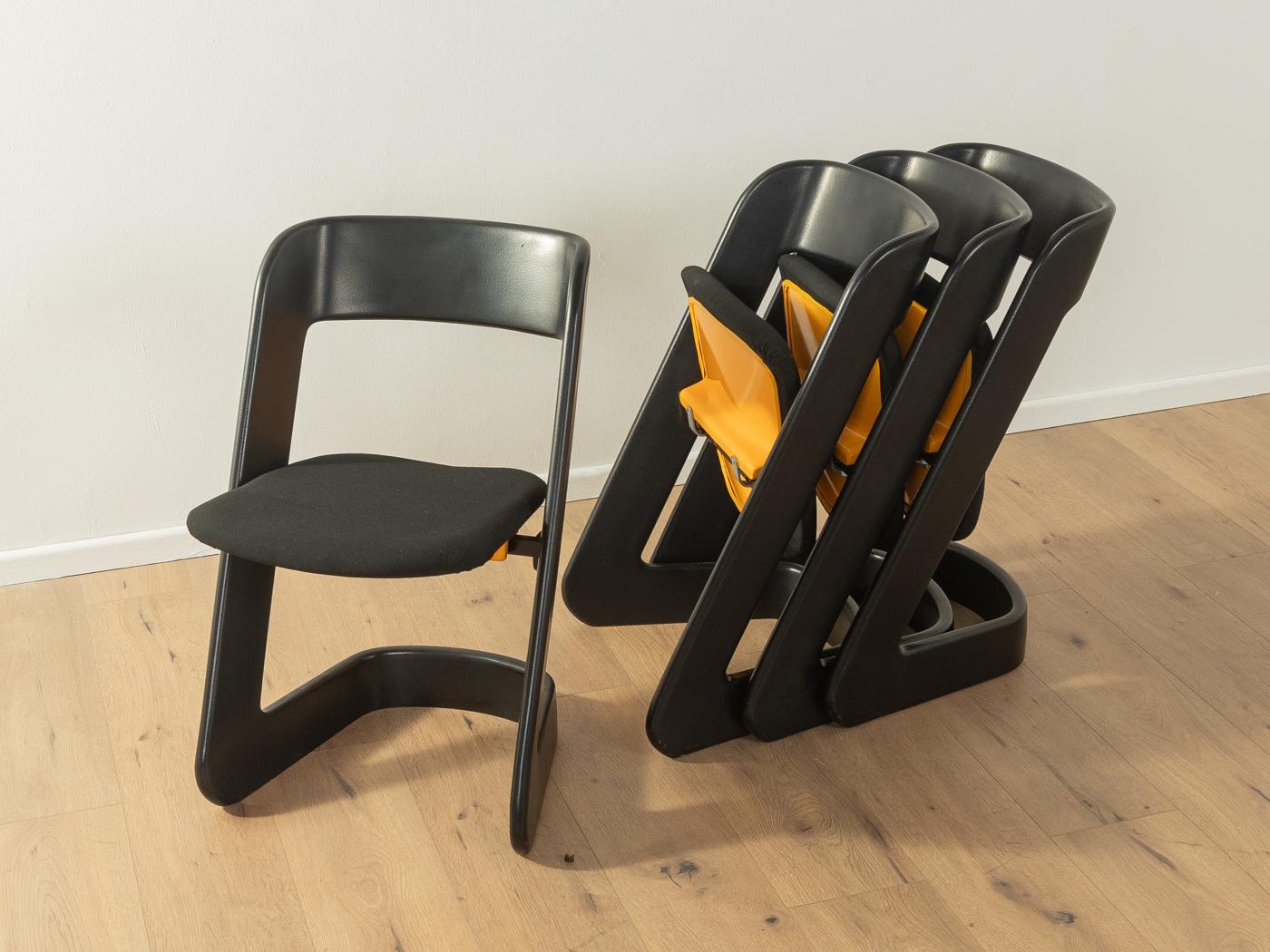 Rare Lucy Chairs designed by Peter Ghyczy and manufactured by Elastogran GmbH in the 1960s. Curved polyurethane frame with a fold-up plastic seat with a new black upholstery. The offer includes 4 chairs.

Quality Features:
accomplished design: