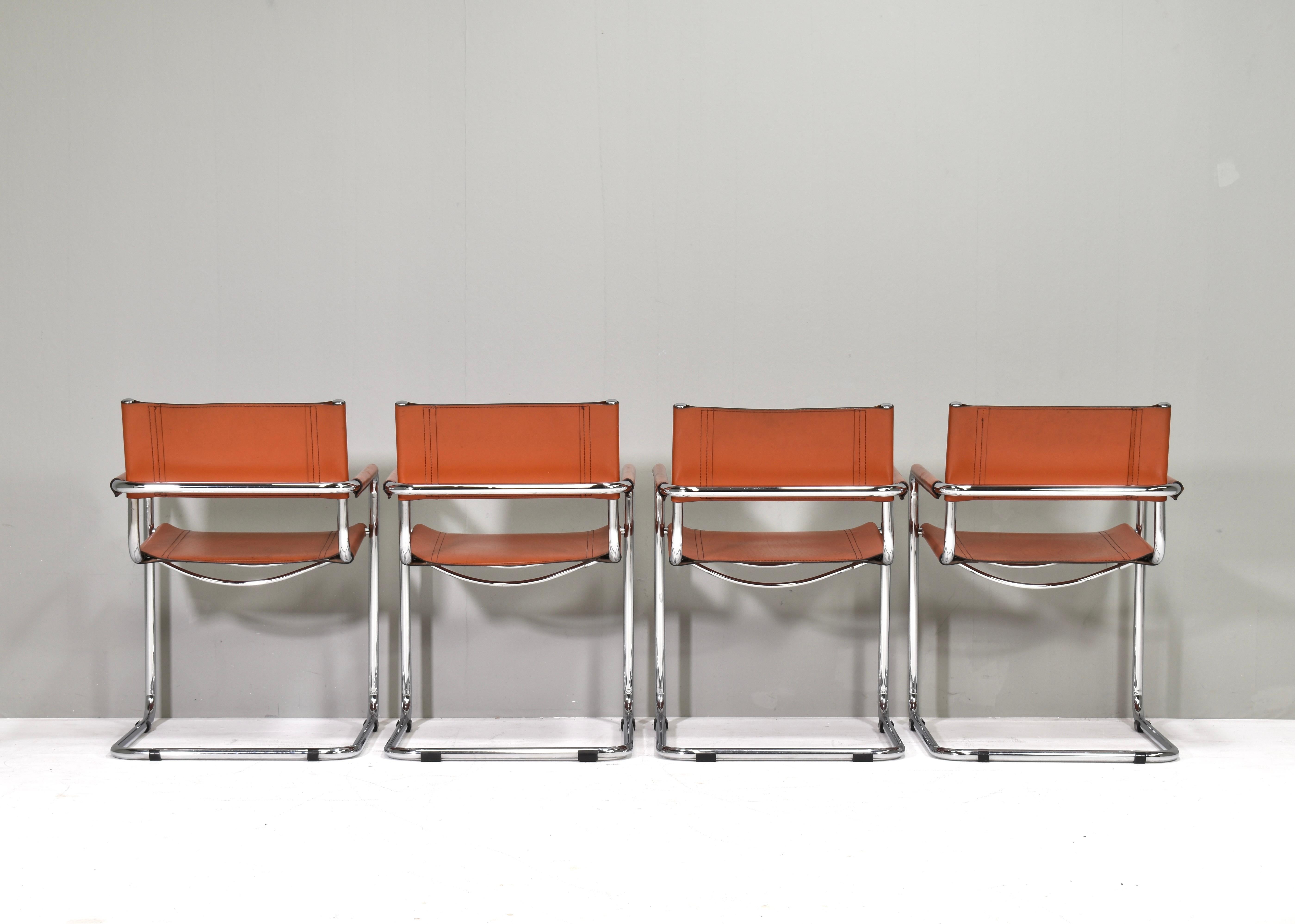4x Mart Stam S34 Dining Armchairs in Cognac Leather by Fasem, Italy, 1970s For Sale 4