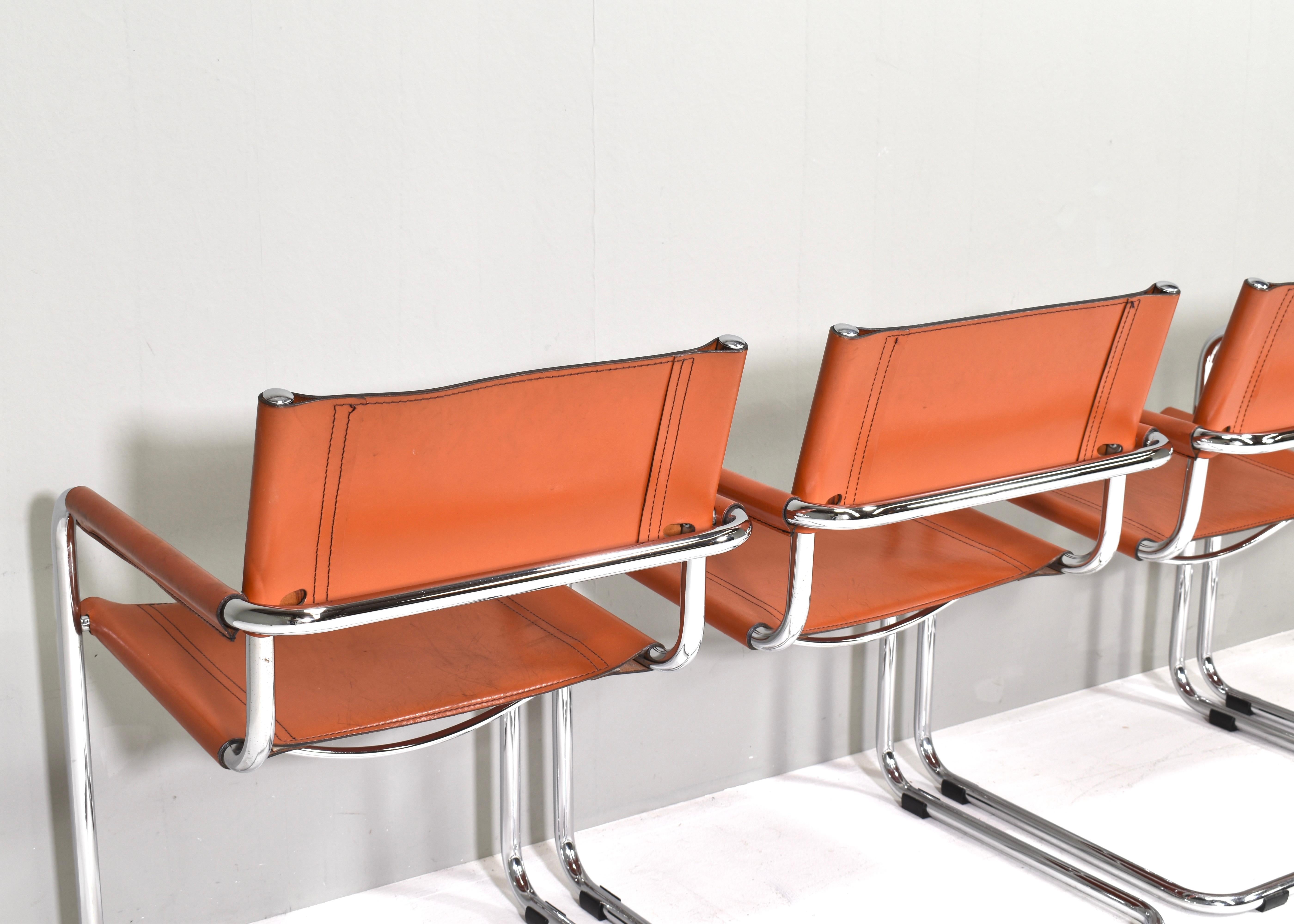 4x Mart Stam S34 Dining Armchairs in Cognac Leather by Fasem, Italy, 1970s For Sale 5