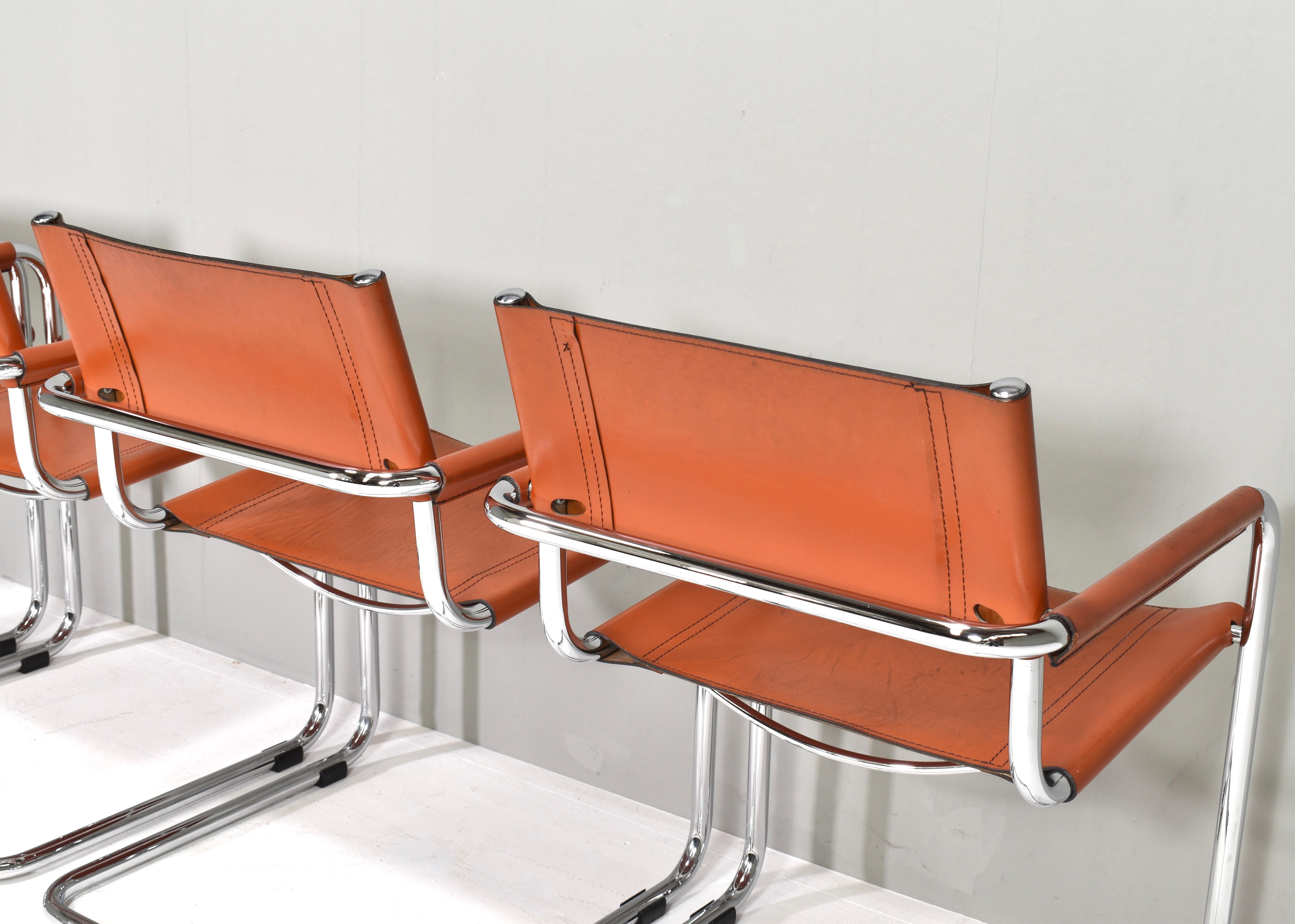 4x Mart Stam S34 Dining Armchairs in Cognac Leather by Fasem, Italy, 1970s For Sale 6