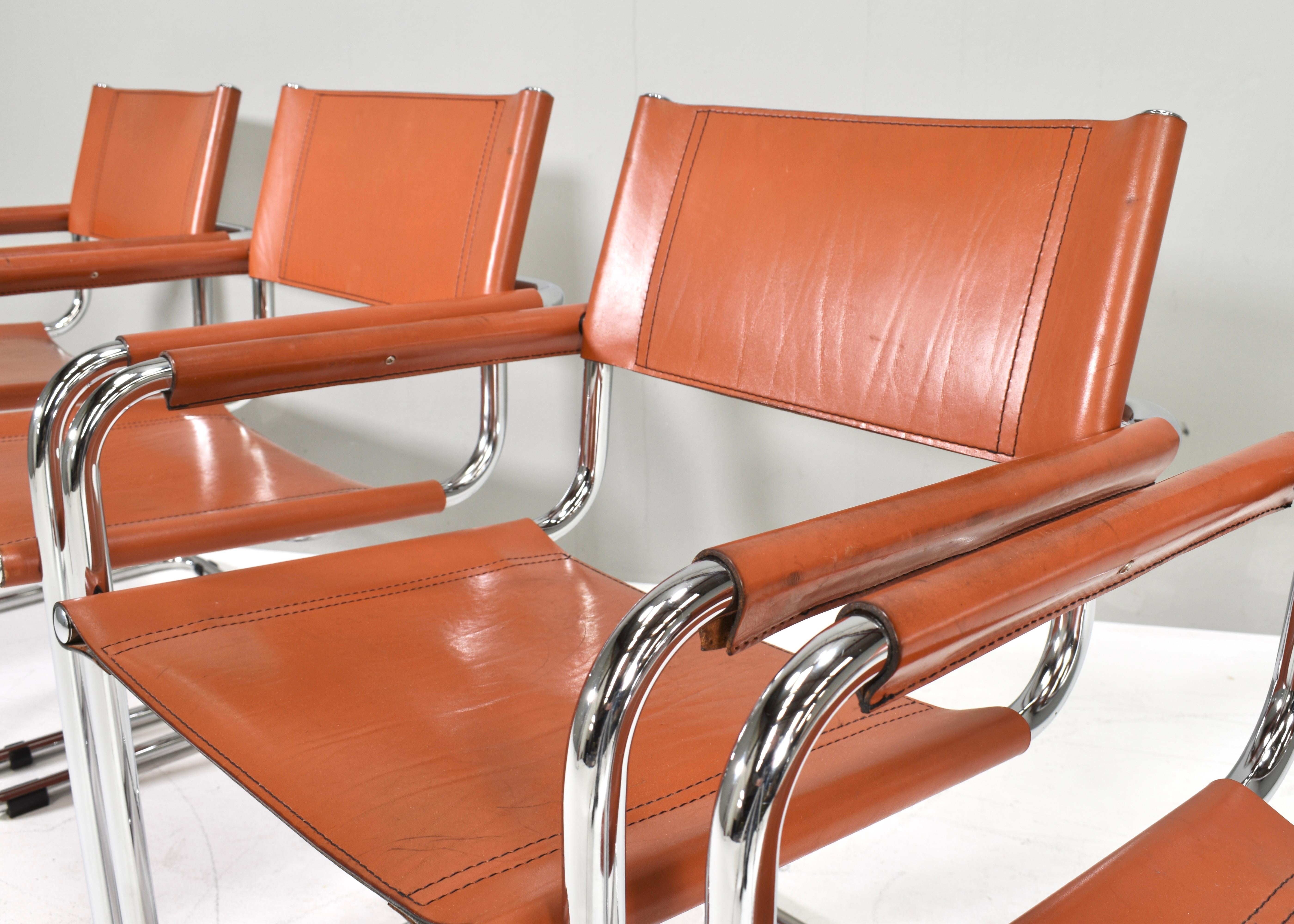 4x Mart Stam S34 Dining Armchairs in Cognac Leather by Fasem, Italy, 1970s For Sale 7