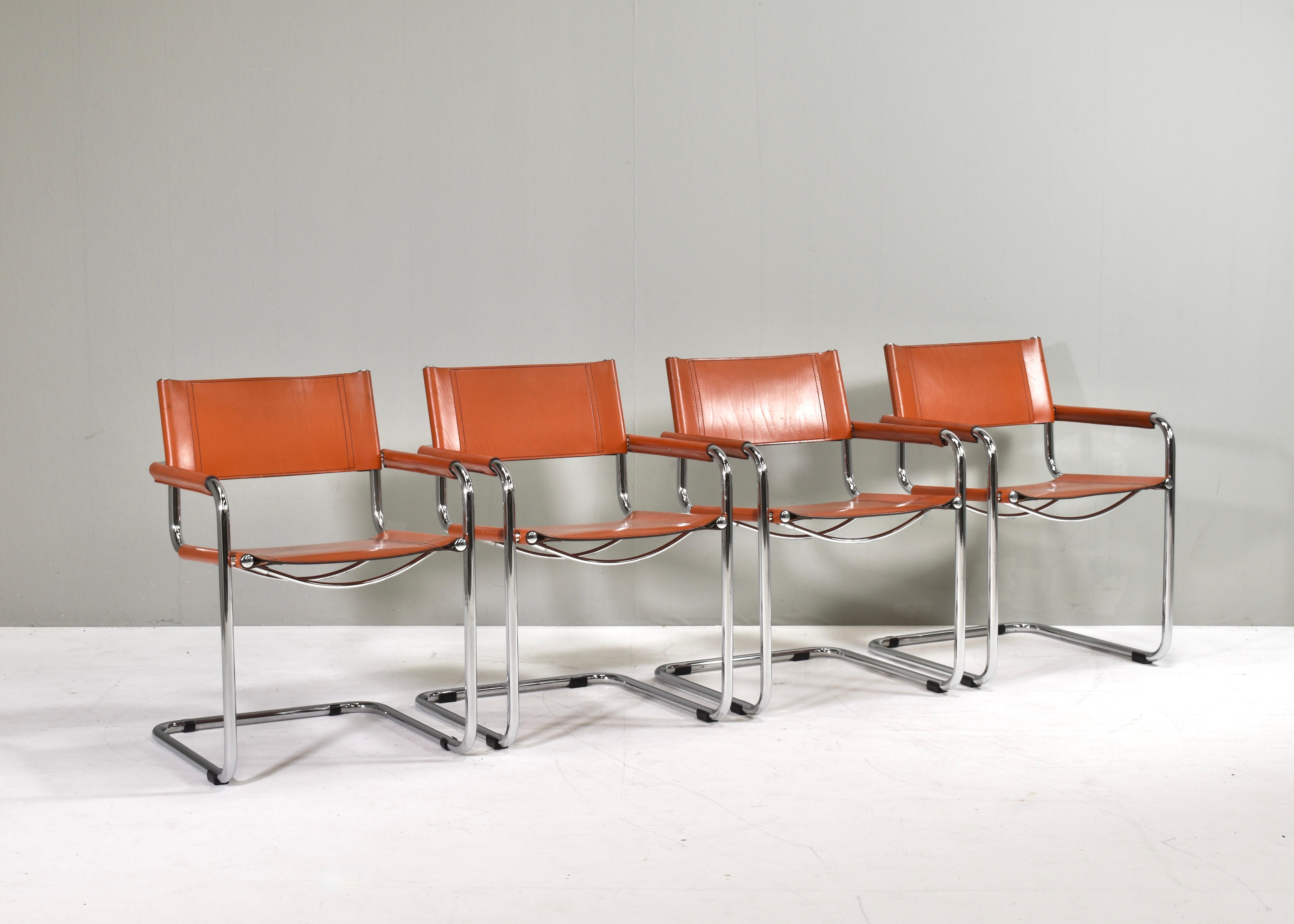 Mid-Century Modern 4x Mart Stam S34 Dining Armchairs in Cognac Leather by Fasem, Italy, 1970s For Sale