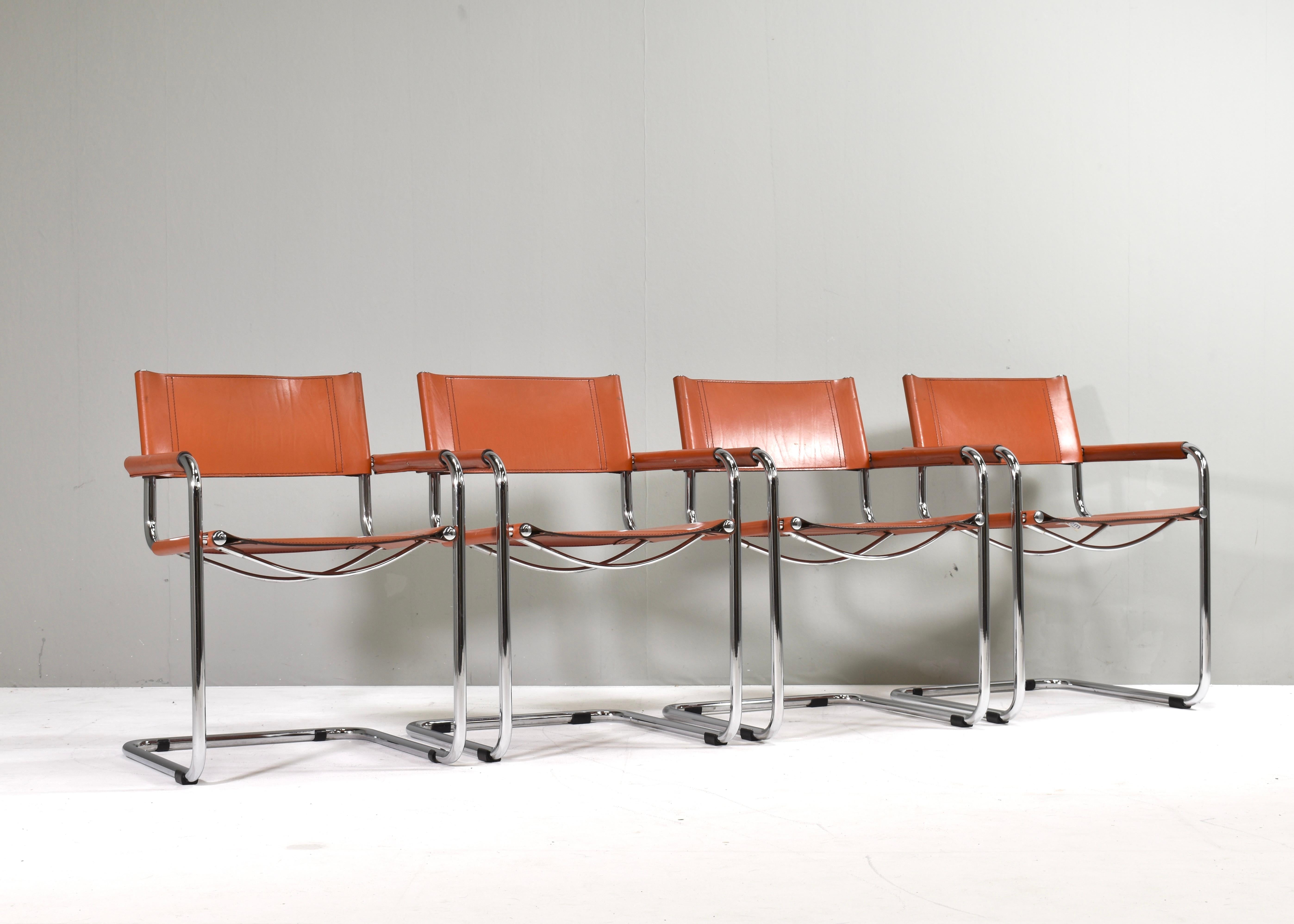 Italian 4x Mart Stam S34 Dining Armchairs in Cognac Leather by Fasem, Italy, 1970s For Sale
