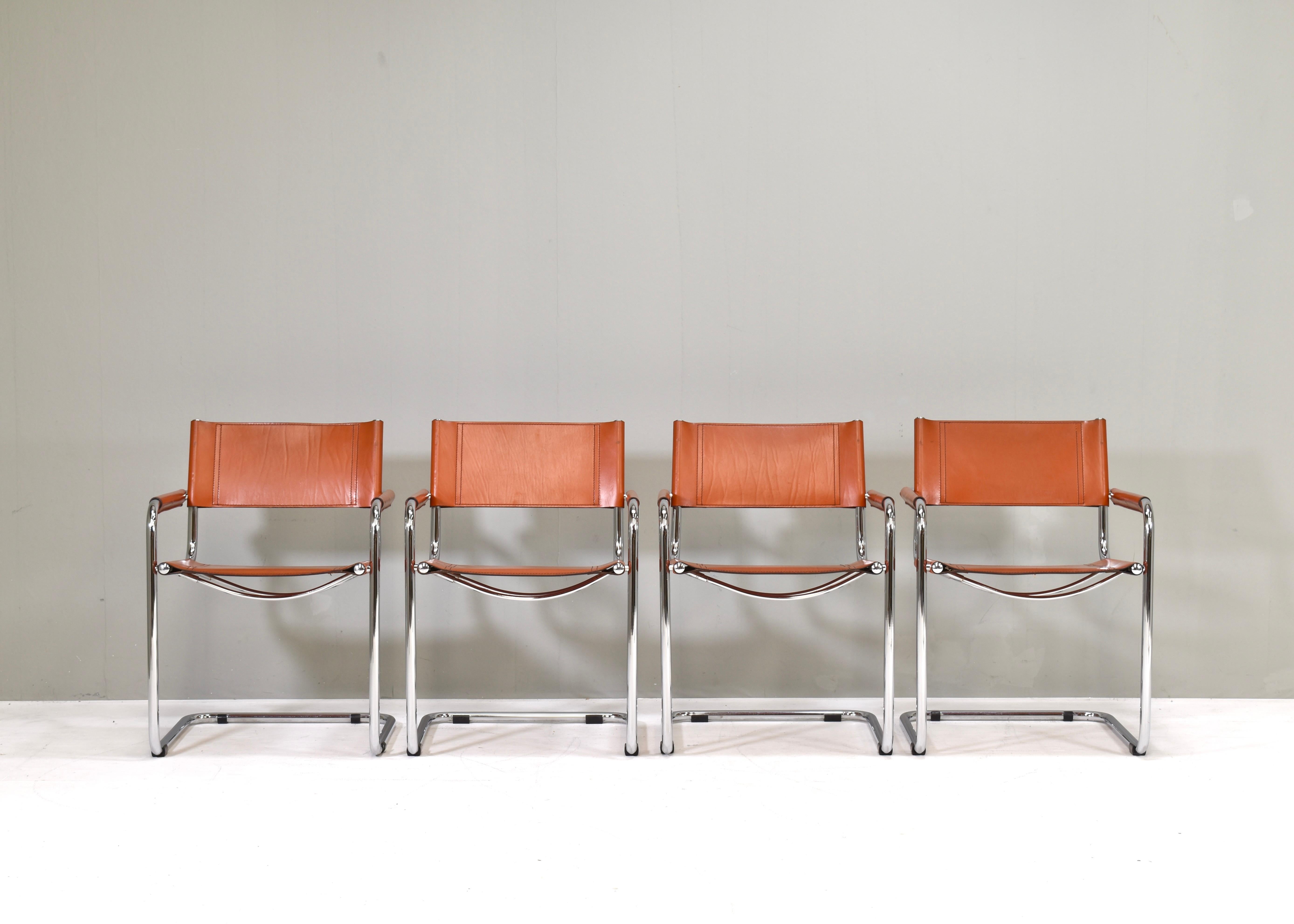 4x Mart Stam S34 Dining Armchairs in Cognac Leather by Fasem, Italy, 1970s In Good Condition For Sale In Pijnacker, Zuid-Holland