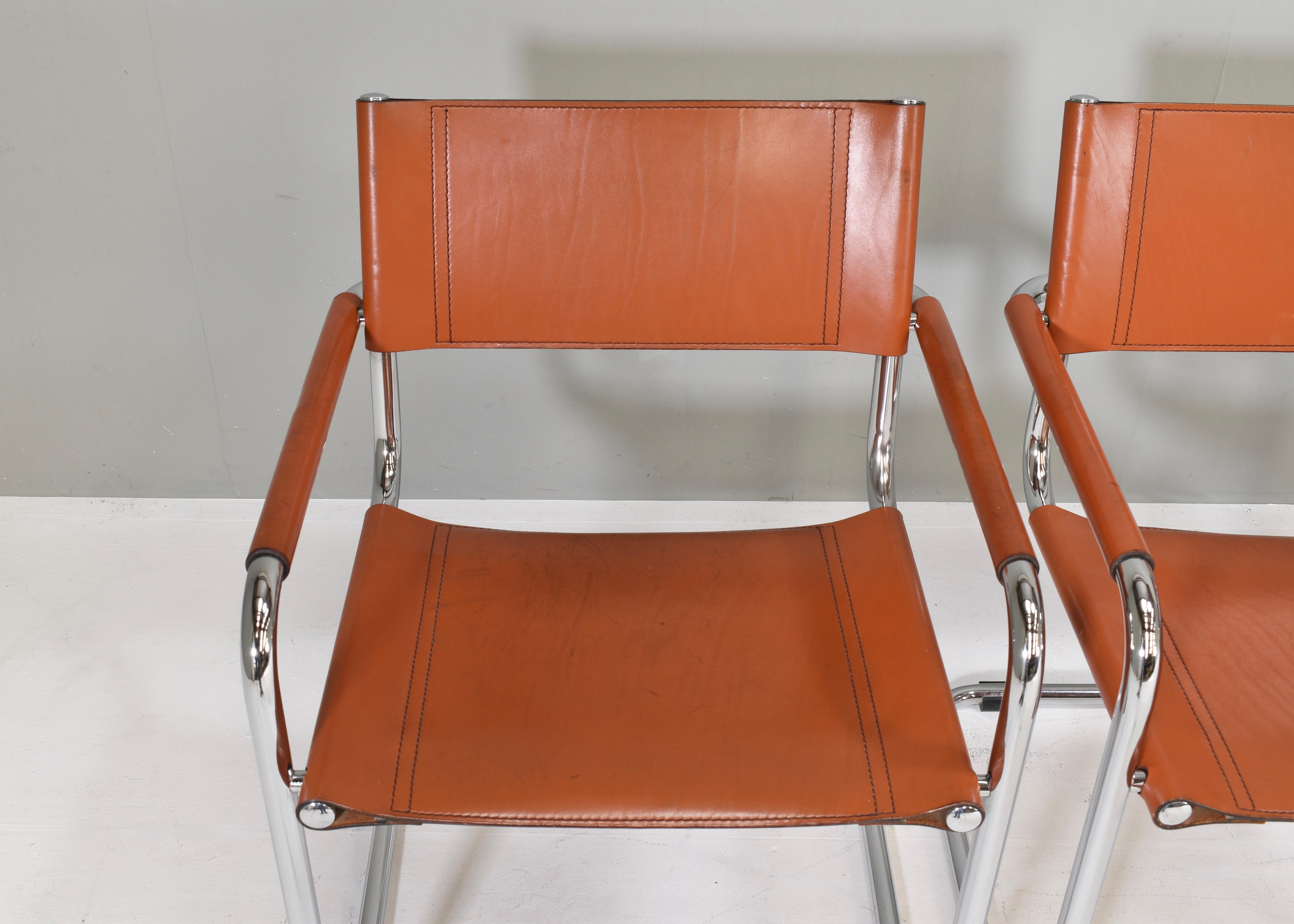 Mid-20th Century 4x Mart Stam S34 Dining Armchairs in Cognac Leather by Fasem, Italy, 1970s For Sale