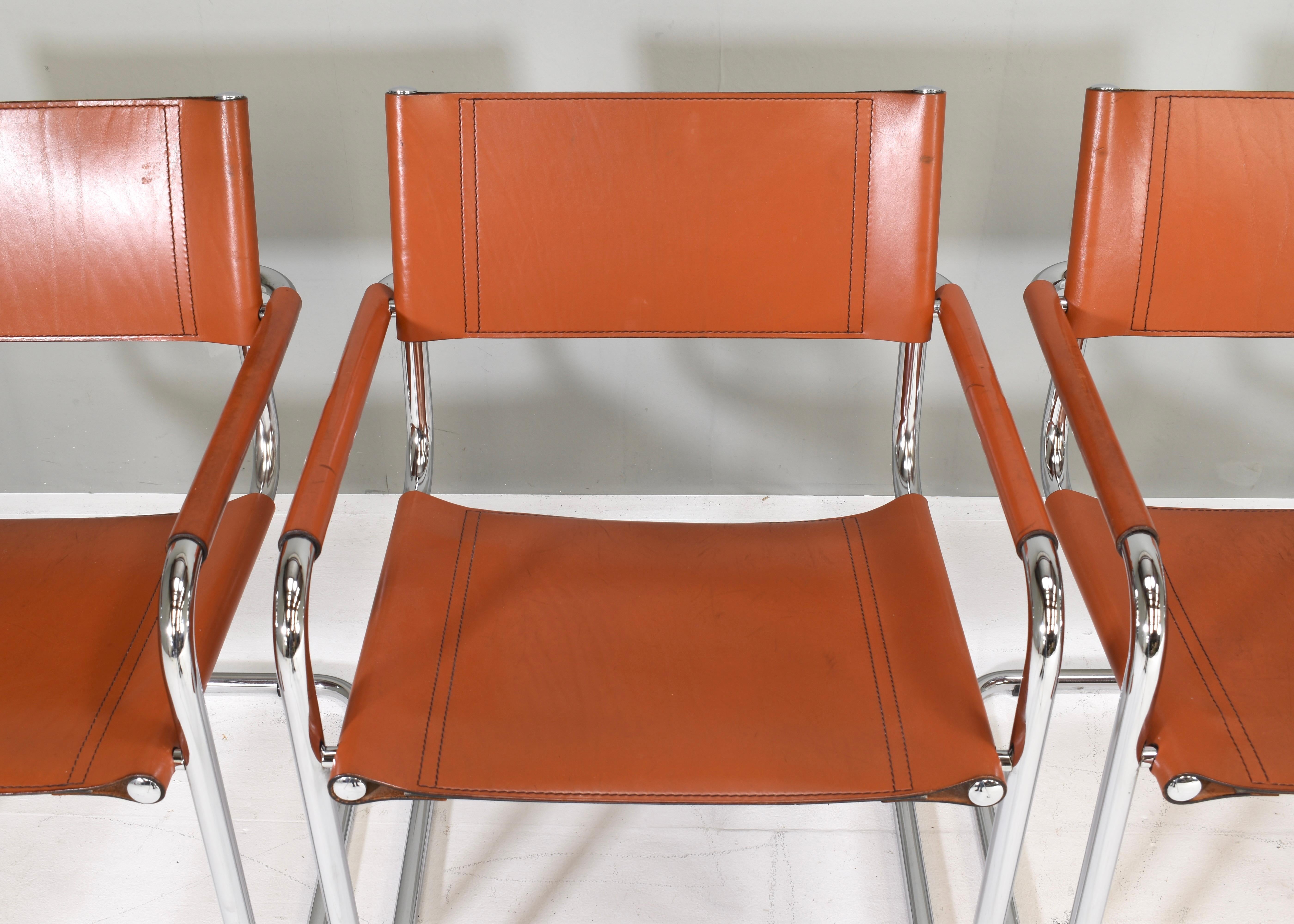 4x Mart Stam S34 Dining Armchairs in Cognac Leather by Fasem, Italy, 1970s For Sale 1