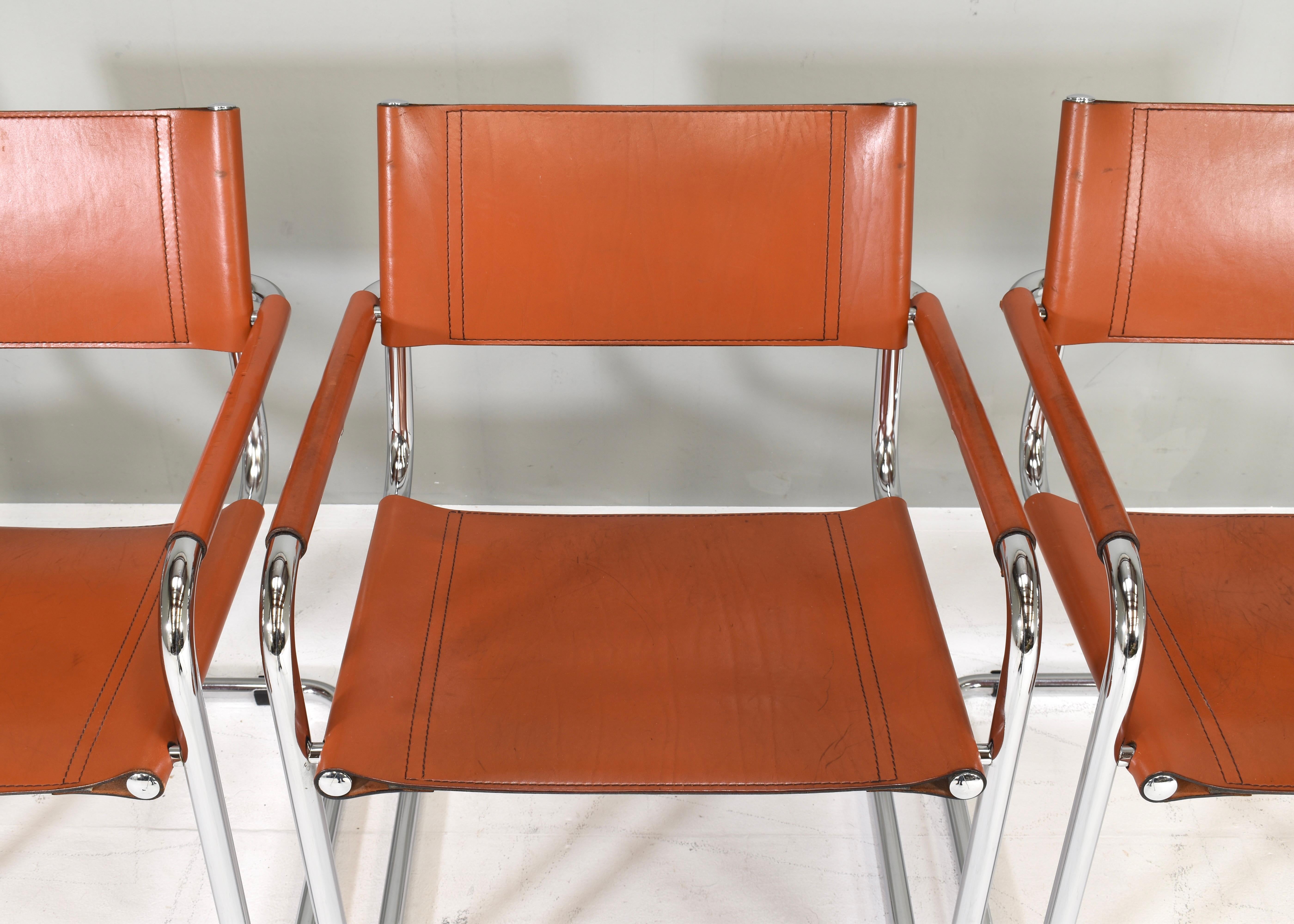 4x Mart Stam S34 Dining Armchairs in Cognac Leather by Fasem, Italy, 1970s For Sale 2